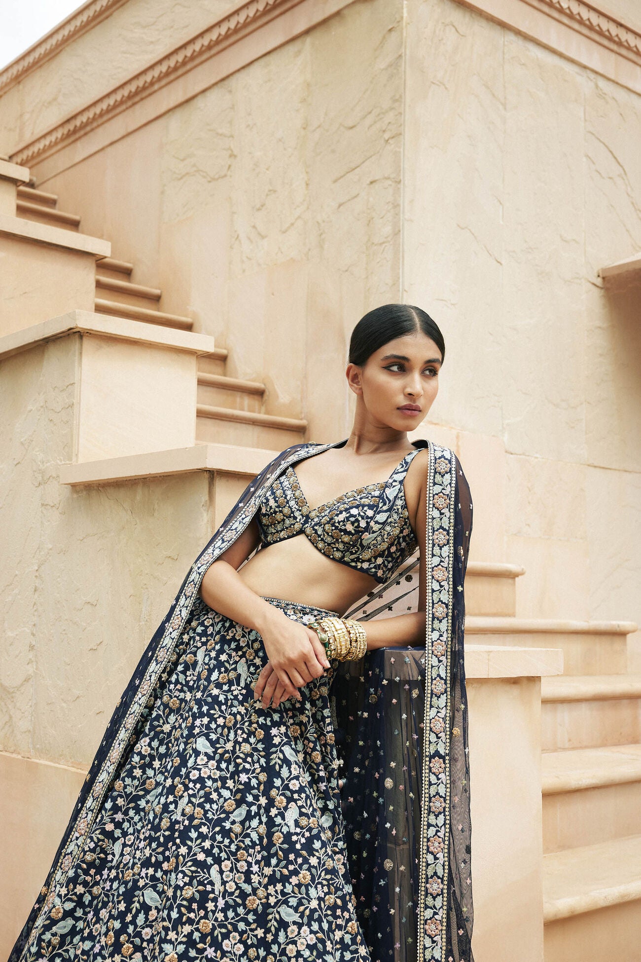 QAINAAT ZARDOZI & RESHAM SILK LEHENGA - NAVY BLUE
