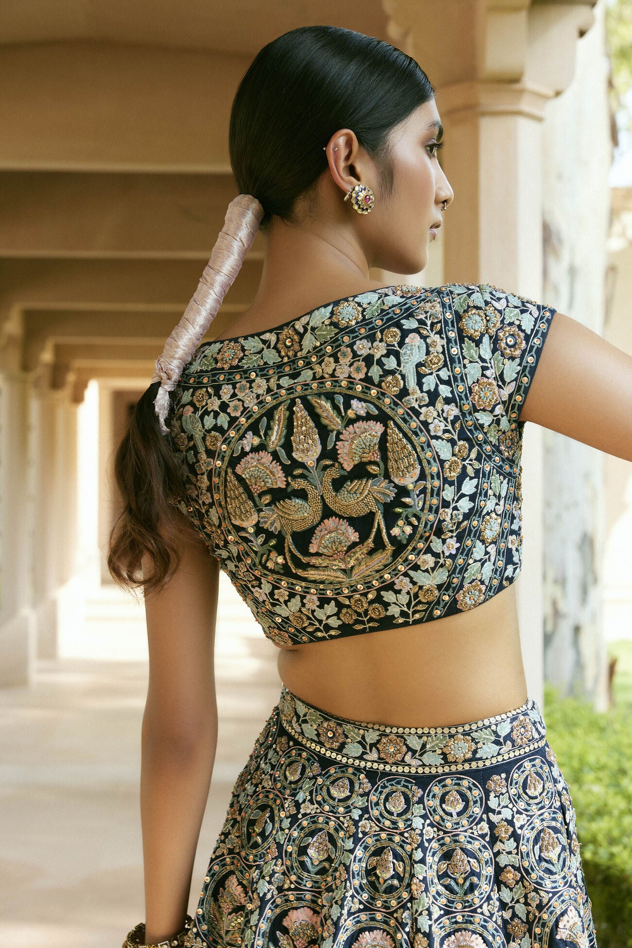 Nadisa Zardozi & Resham Silk Skirt Set - Navy Blue