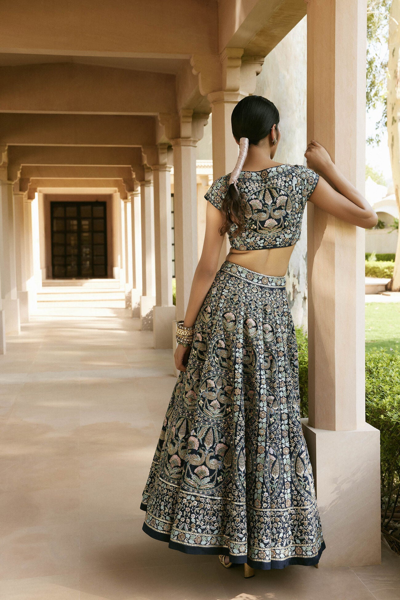 Nadisa Zardozi & Resham Silk Skirt Set - Navy Blue