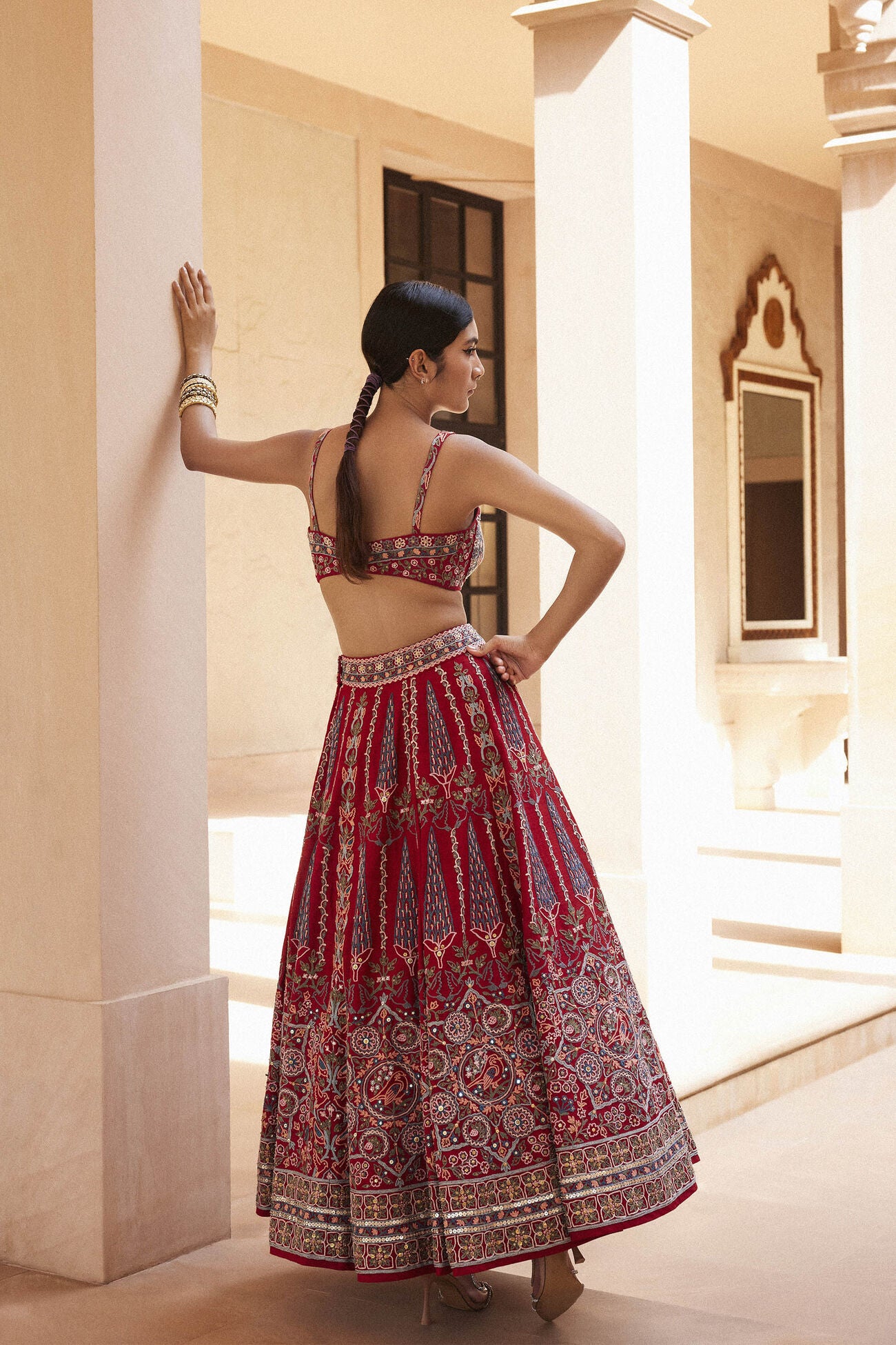 Alakana SEWA Hand-embroidered Silk Skirt Set - Red