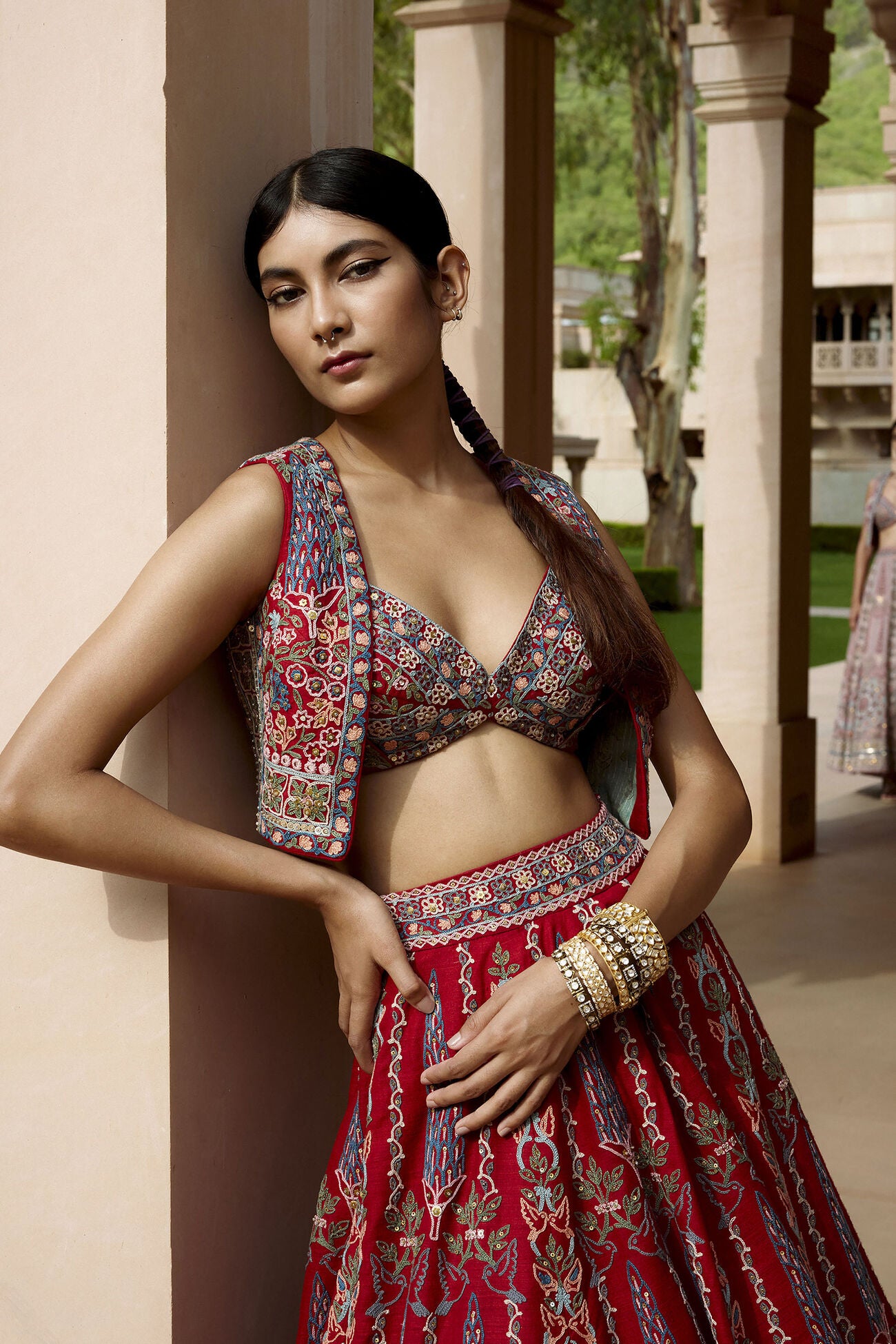 Alakana SEWA Hand-embroidered Silk Skirt Set - Red