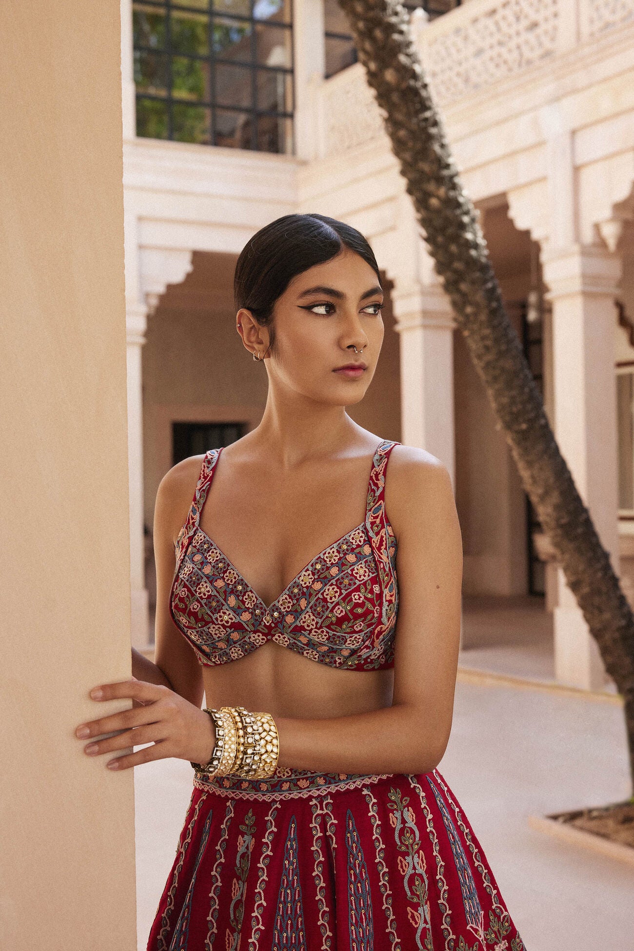 Alakana SEWA Hand-embroidered Silk Skirt Set - Red