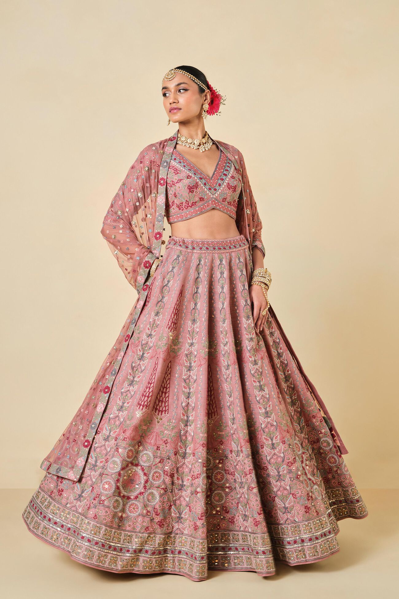 ALAKANA SEWA HAND-EMBROIDERED SILK LEHENGA SET - OLD ROSE