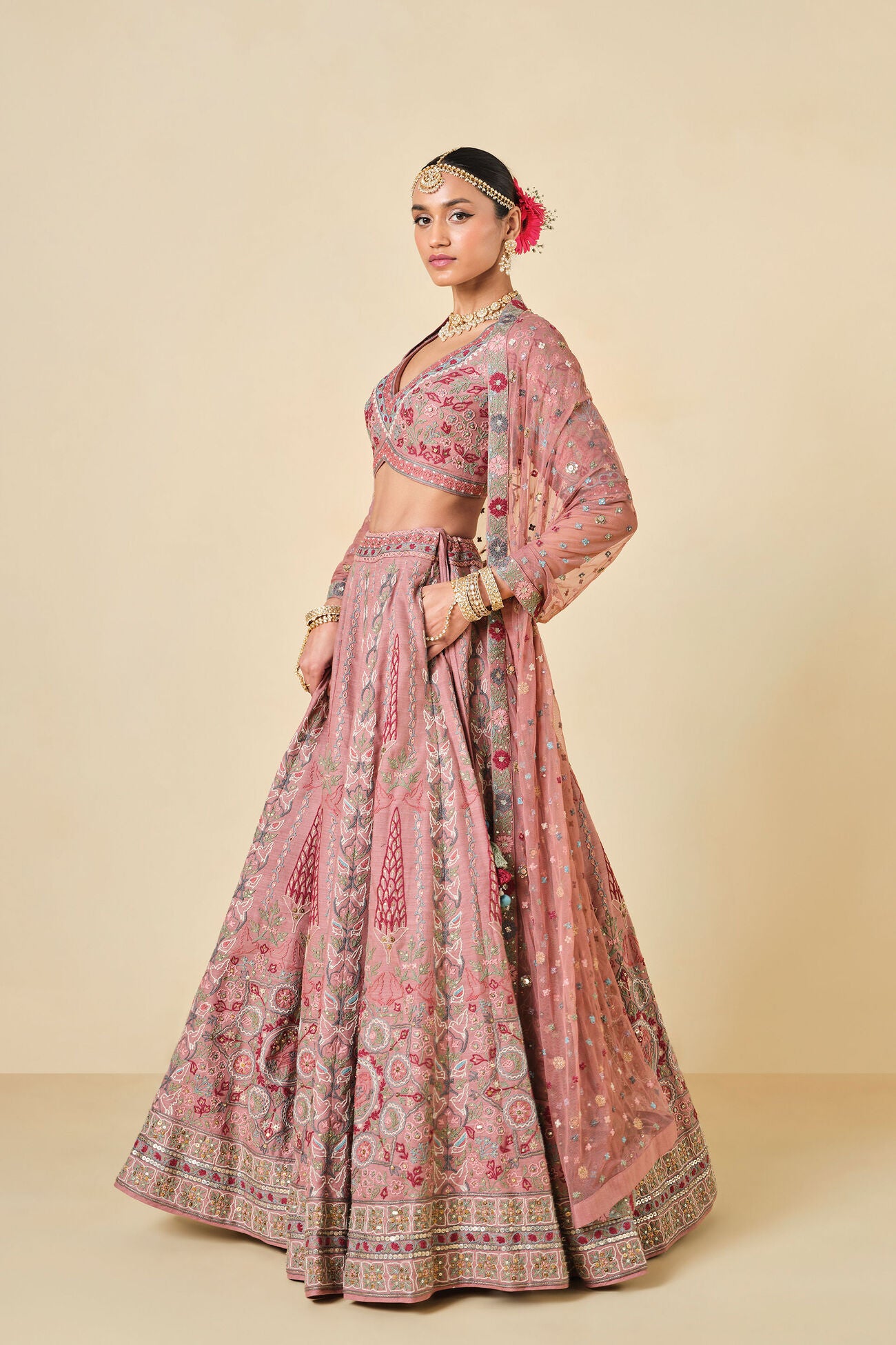ALAKANA SEWA HAND-EMBROIDERED SILK LEHENGA SET - OLD ROSE