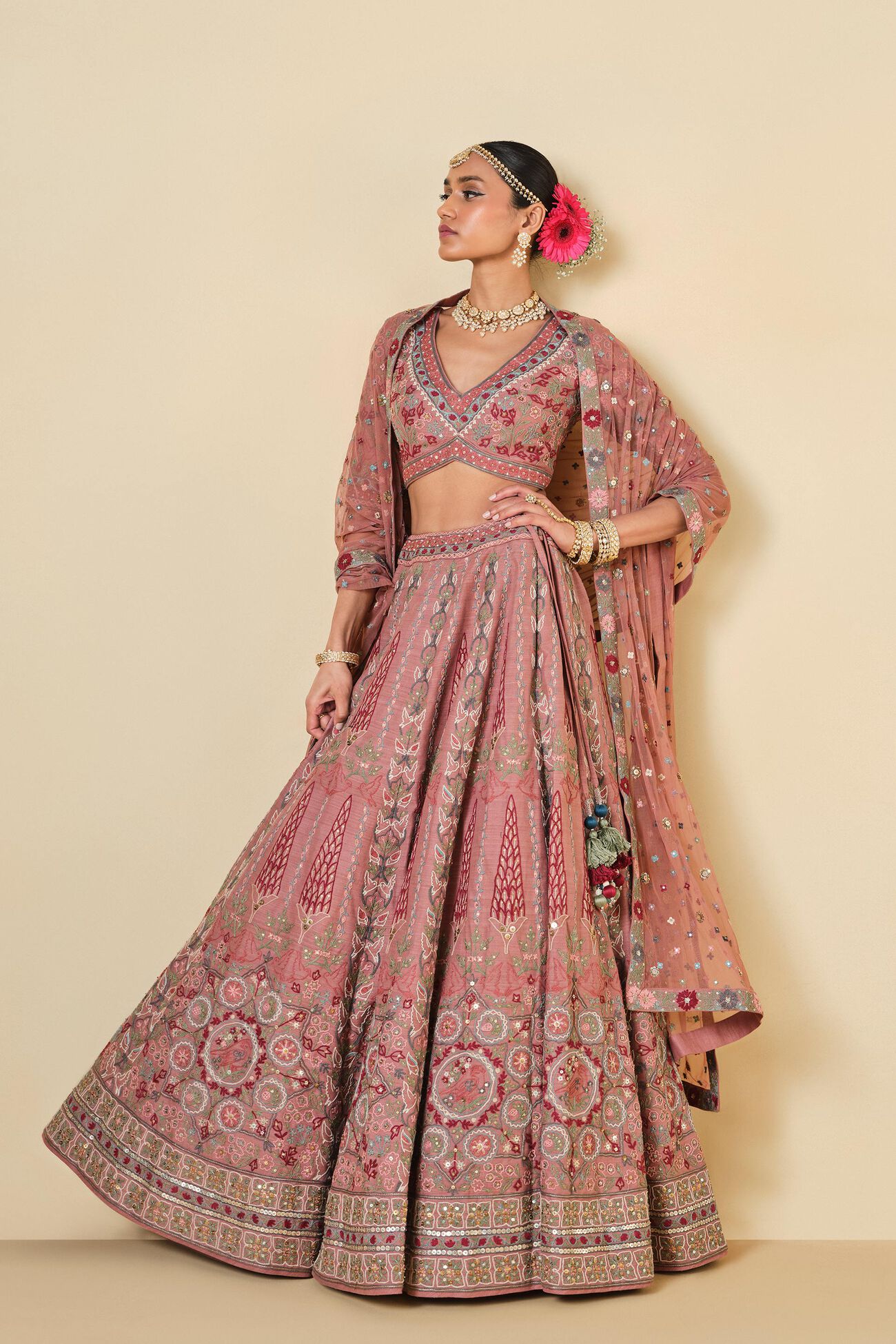 ALAKANA SEWA HAND-EMBROIDERED SILK LEHENGA SET - OLD ROSE
