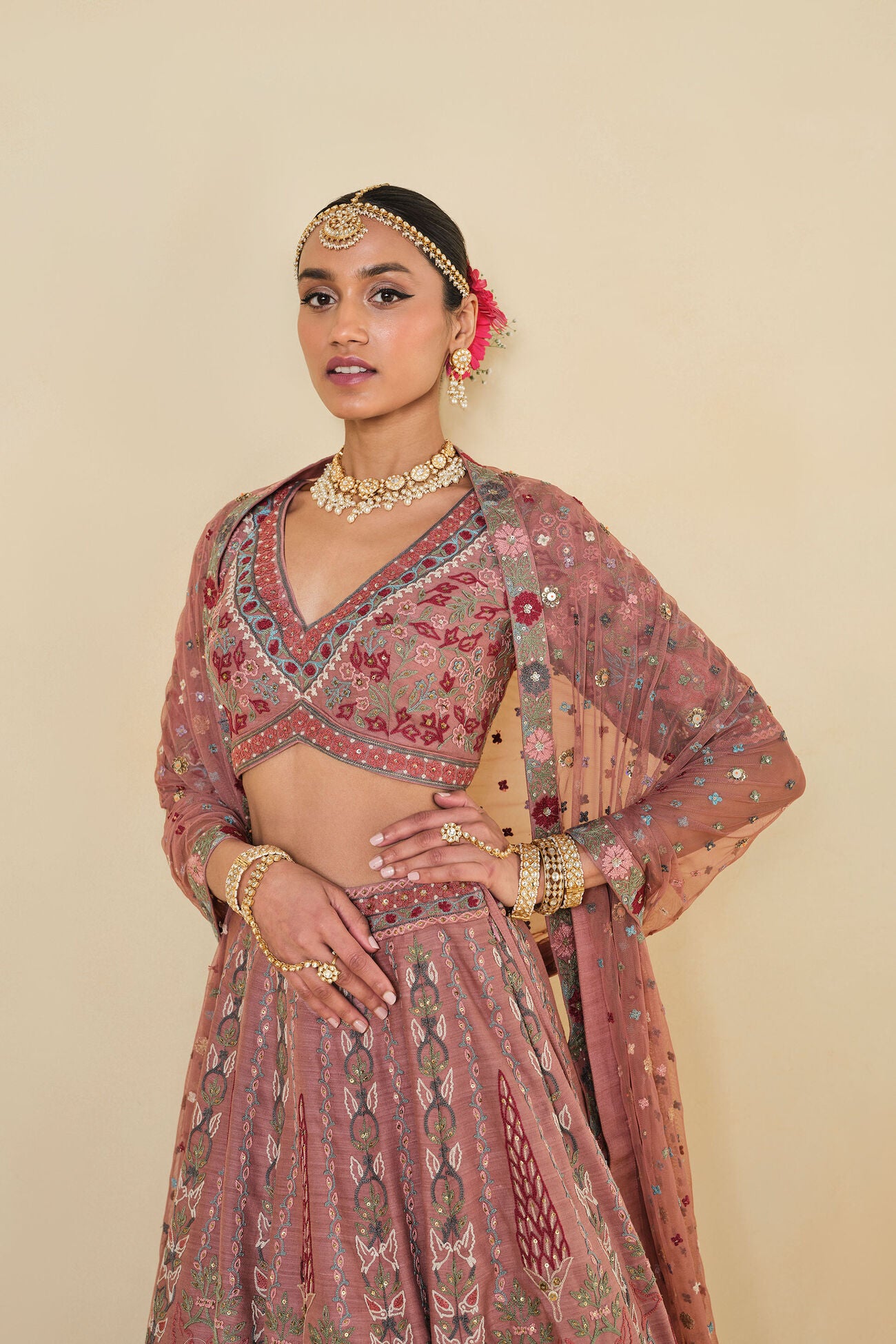 ALAKANA SEWA HAND-EMBROIDERED SILK LEHENGA SET - OLD ROSE