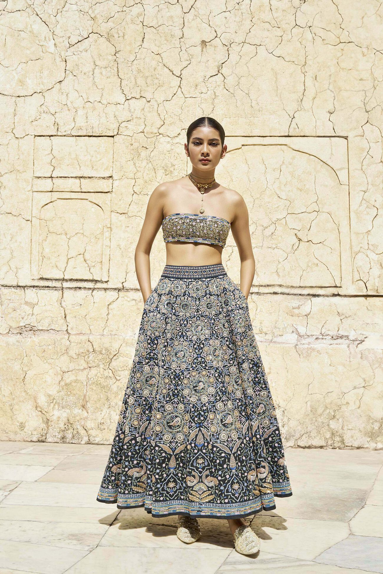 Forest Gleam Embroidered Zardozi Silk Skirt Set - Black