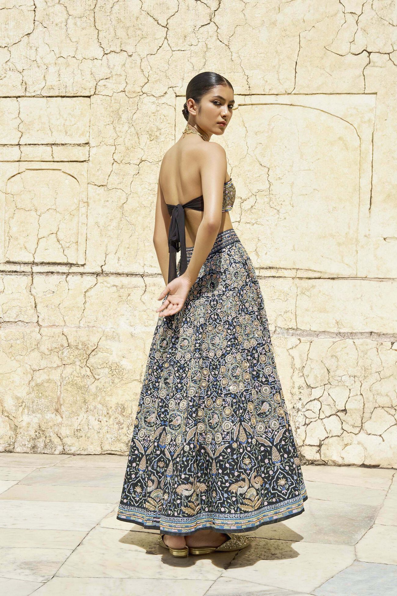 Forest Gleam Embroidered Zardozi Silk Skirt Set - Black