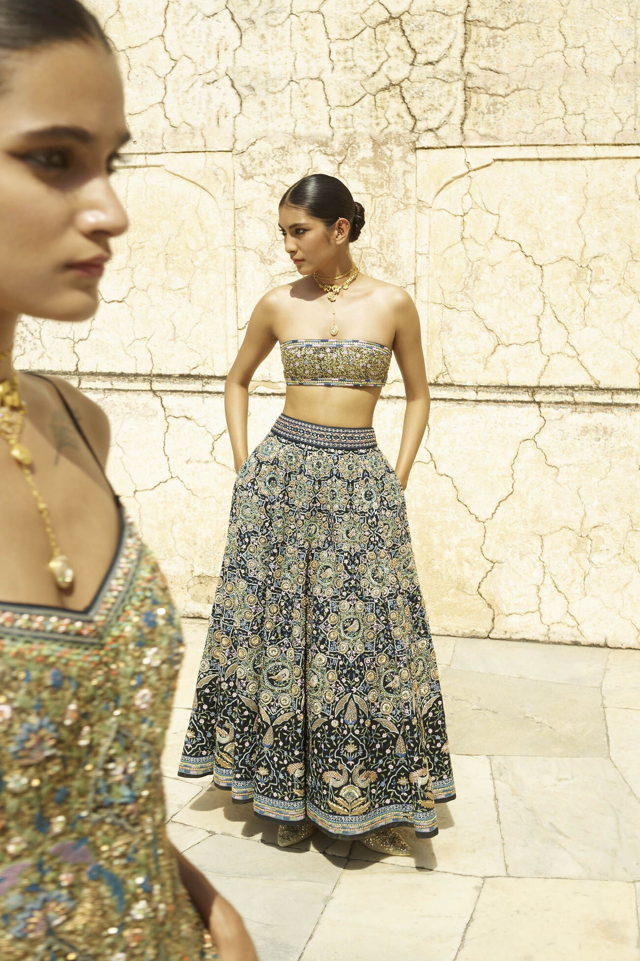 Forest Gleam Embroidered Zardozi Silk Skirt Set - Black