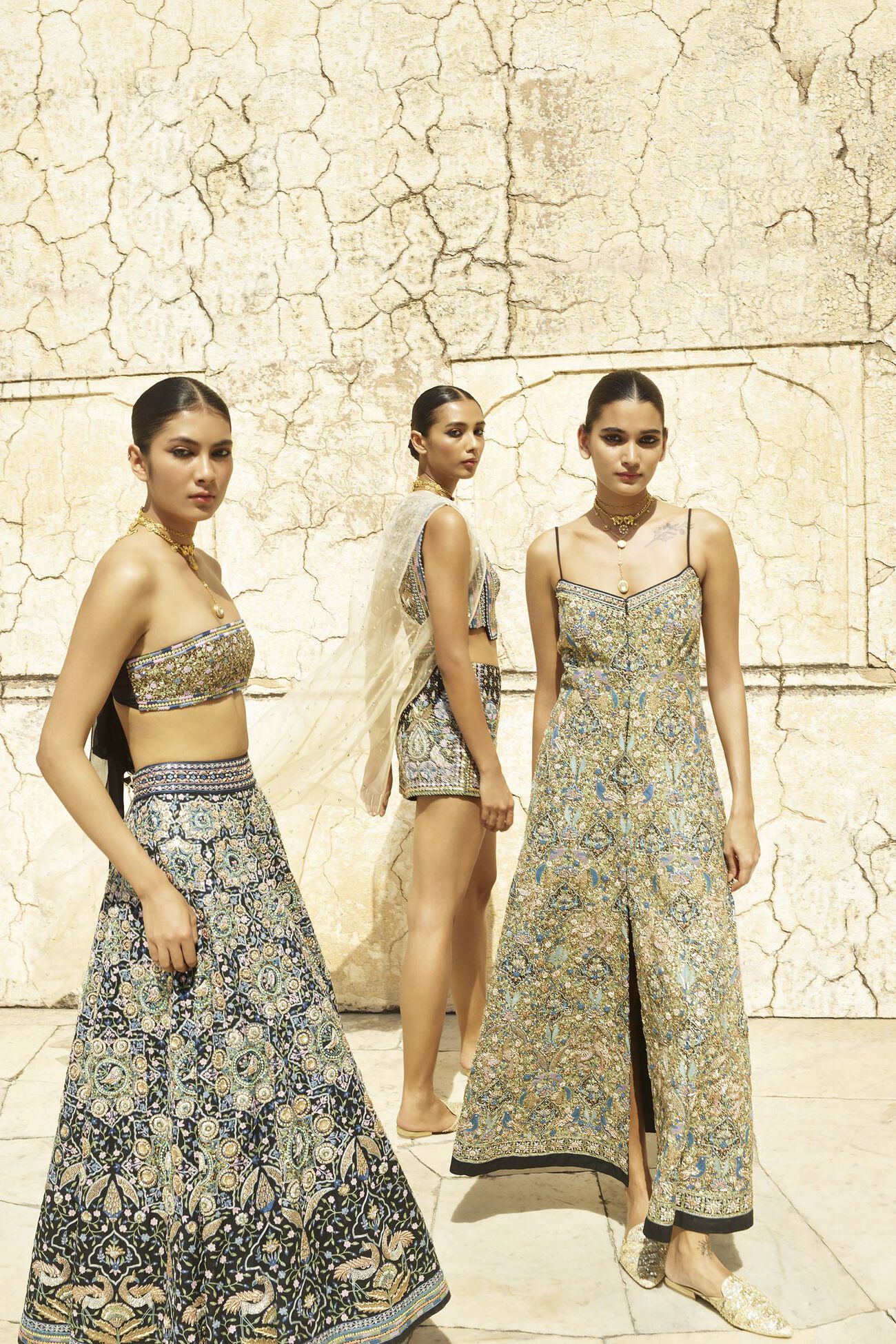 Forest Gleam Embroidered Zardozi Silk Skirt Set - Black