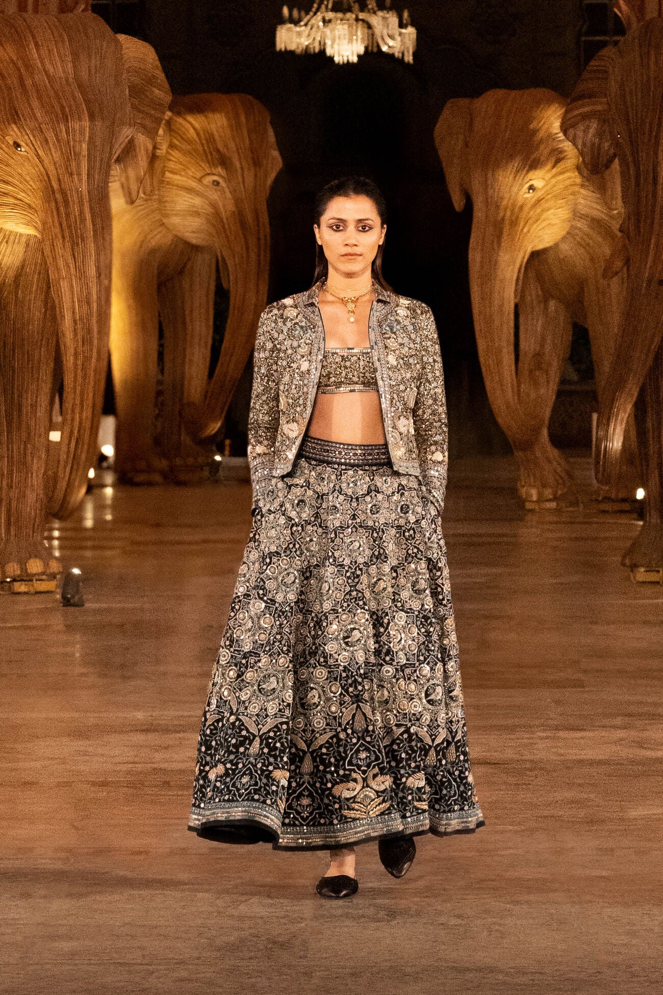 Forest Gleam Embroidered Zardozi Silk Skirt Set - Black