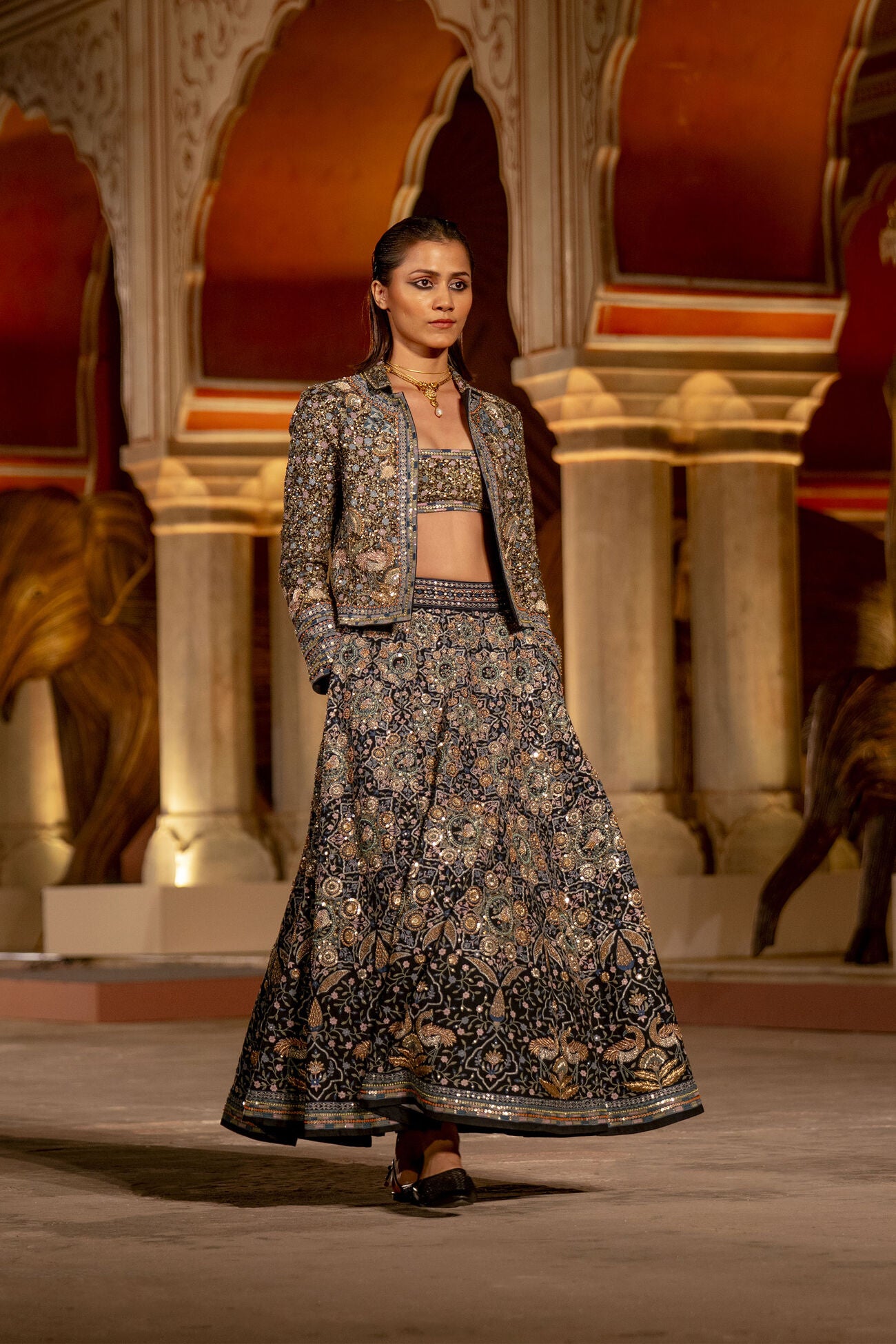 Forest Gleam Embroidered Zardozi Silk Skirt Set - Black