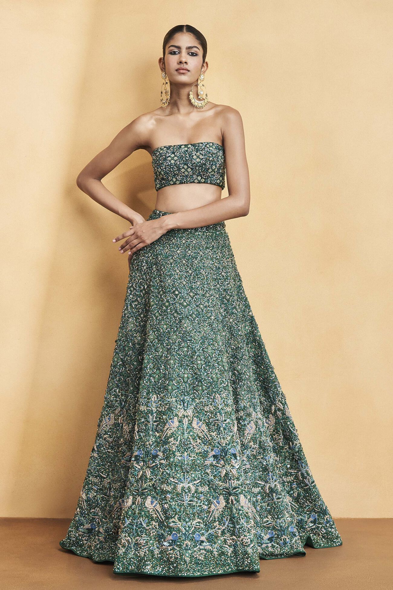 Deep Into The Forest Embroidered Zardozi Silk Skirt Set - Green