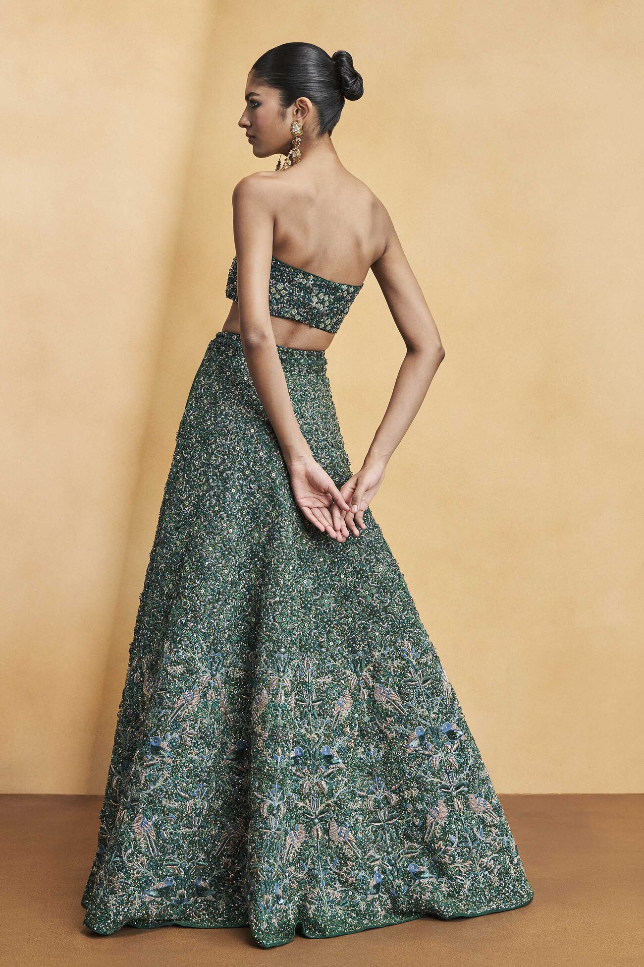 Deep Into The Forest Embroidered Zardozi Silk Skirt Set - Green