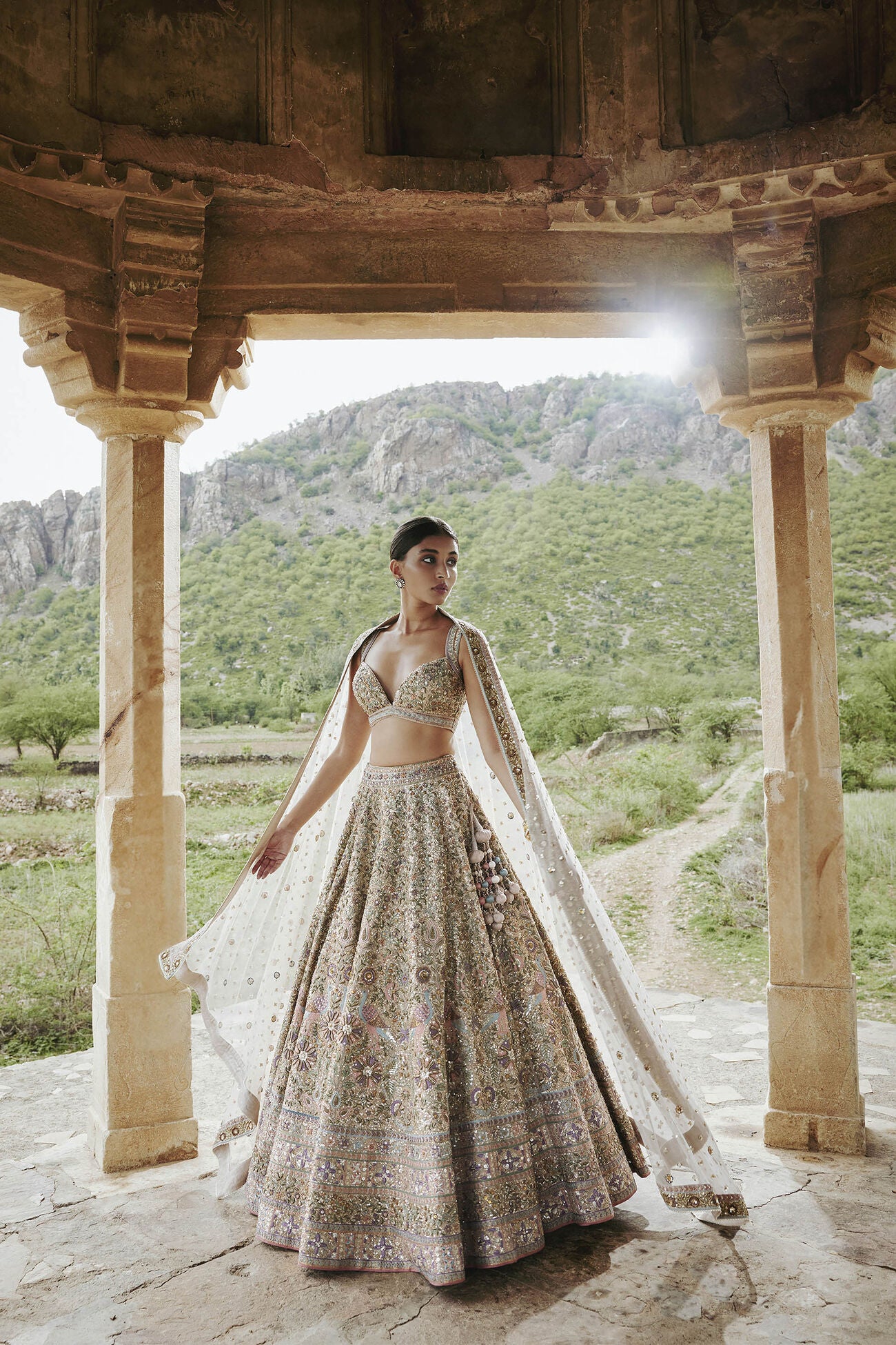 MRIDHINI ZARDOZI & RESHAM SILK LEHENGA - BEIGE