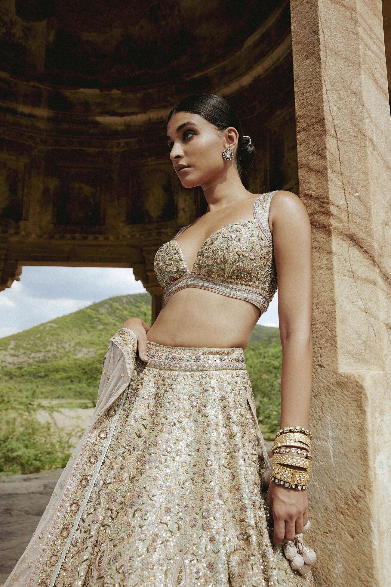 MRIDHINI ZARDOZI & RESHAM SILK LEHENGA - BEIGE