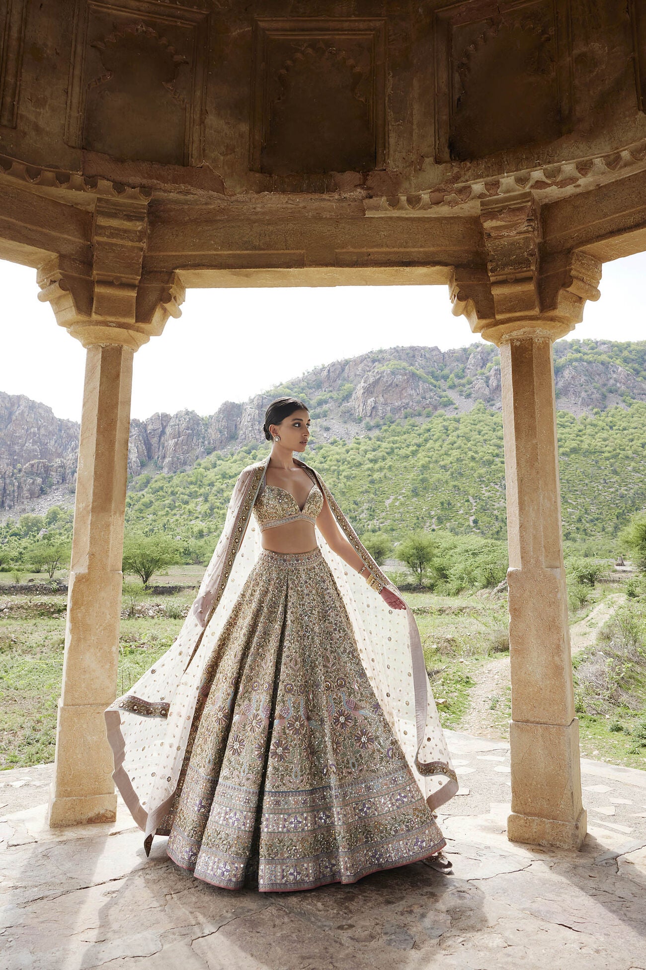 MRIDHINI ZARDOZI & RESHAM SILK LEHENGA - BEIGE