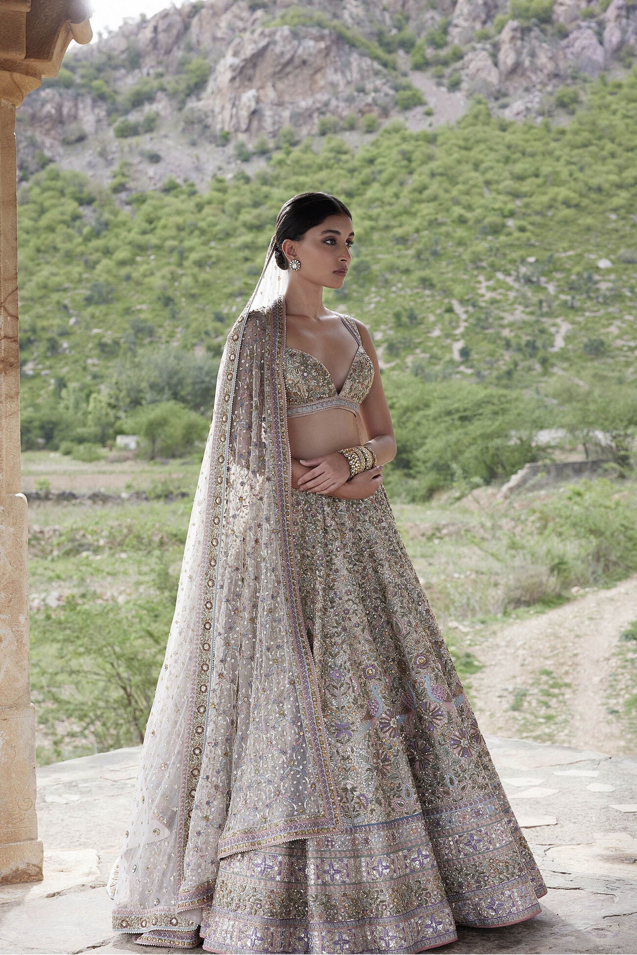 MRIDHINI ZARDOZI & RESHAM SILK LEHENGA - BEIGE