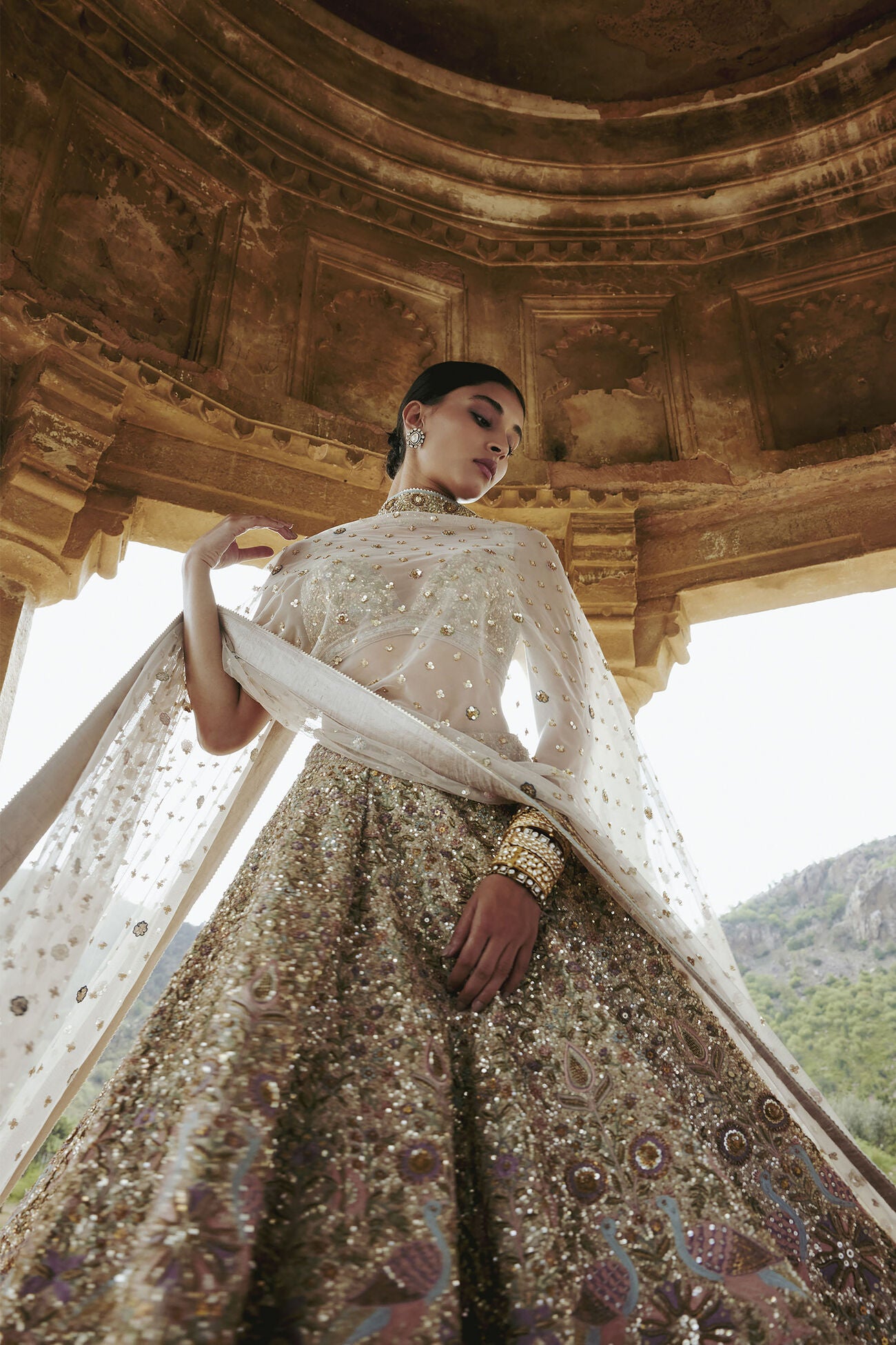 MRIDHINI ZARDOZI & RESHAM SILK LEHENGA - BEIGE