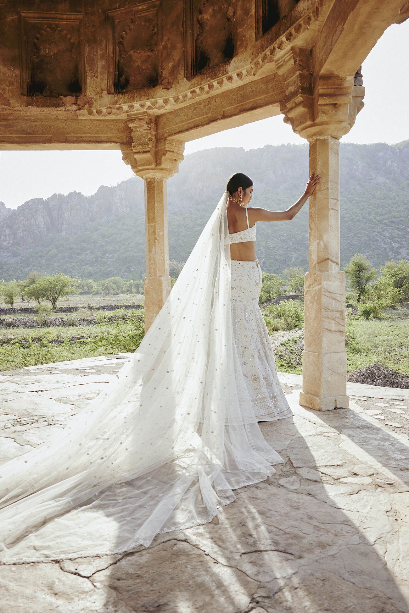 NAYAAB MIRROR & ZARDOZI SILK SKIRT SET - IVORY