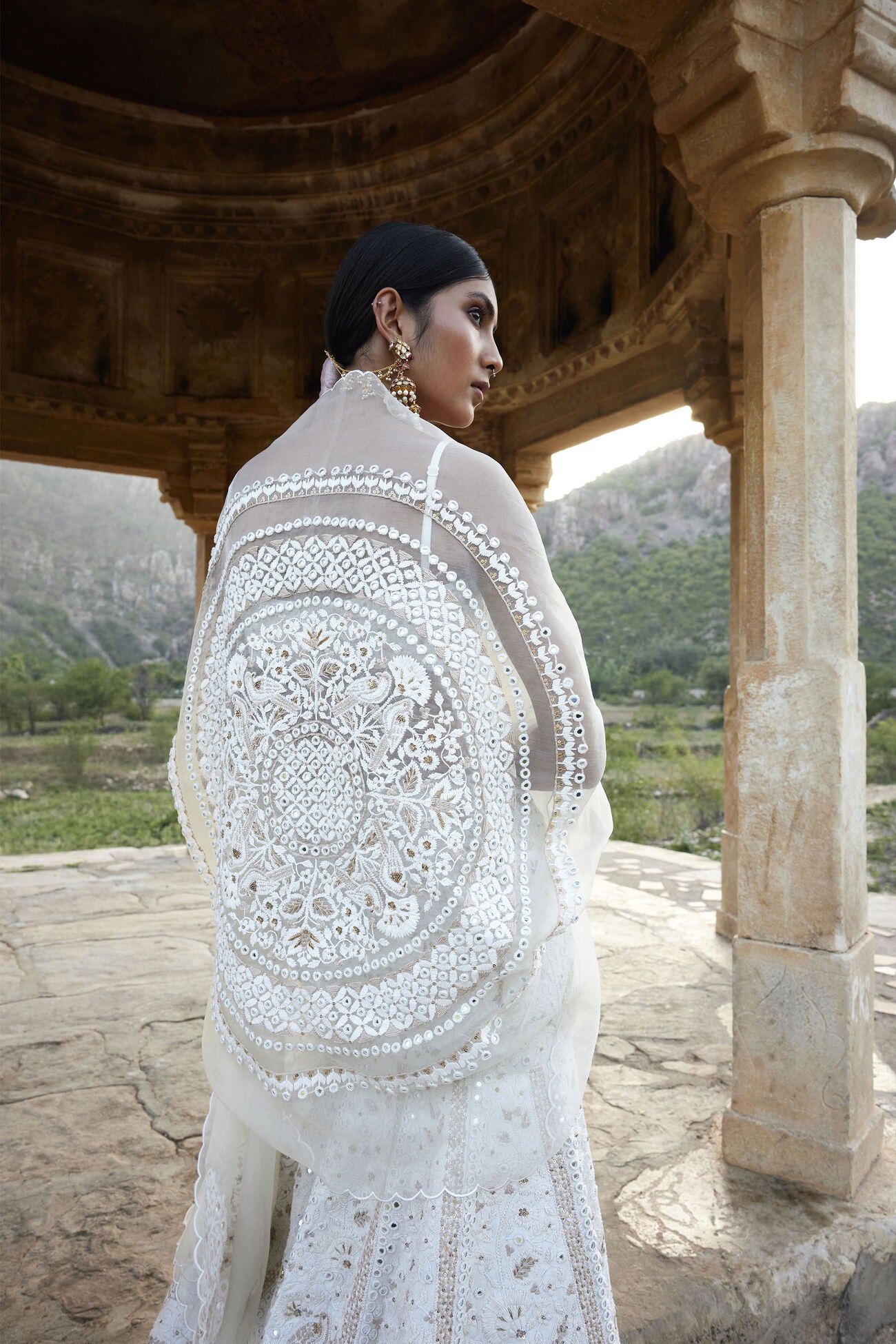 NAYAAB MIRROR & ZARDOZI SILK SKIRT SET - IVORY