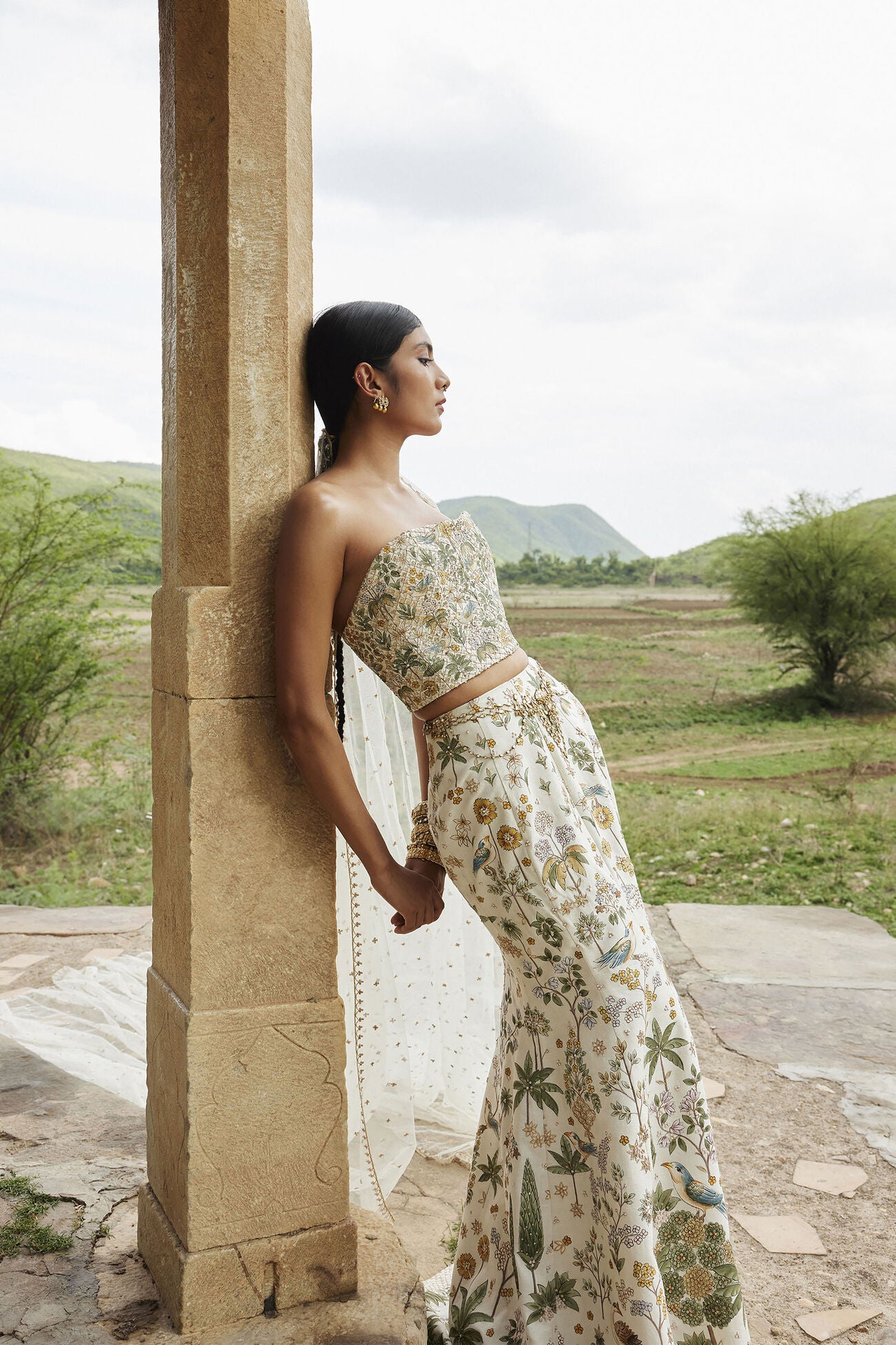 Urvara Hand-painted Pichhwai Silk Skirt Set - Ivory