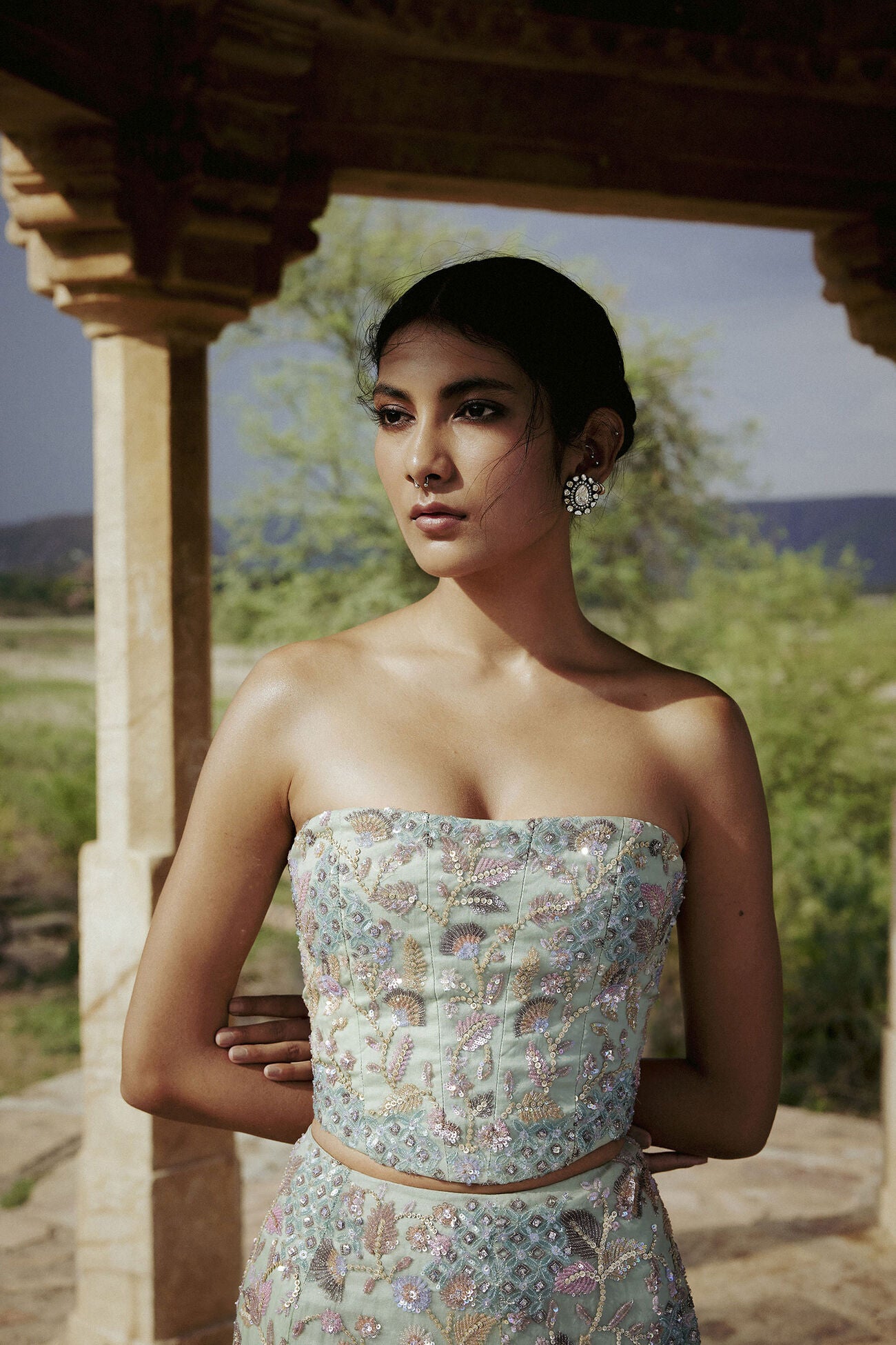 Kusha Embroidered Silk Skirt Set - Sage