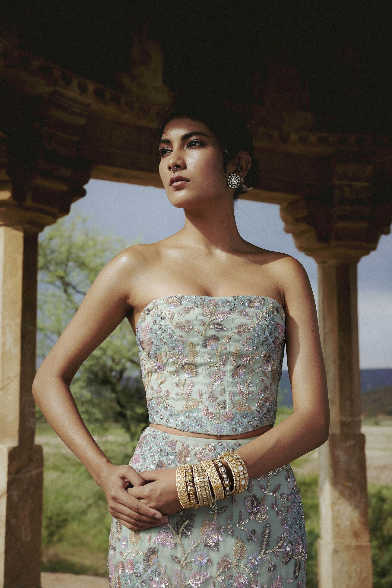 Kusha Embroidered Silk Skirt Set - Sage