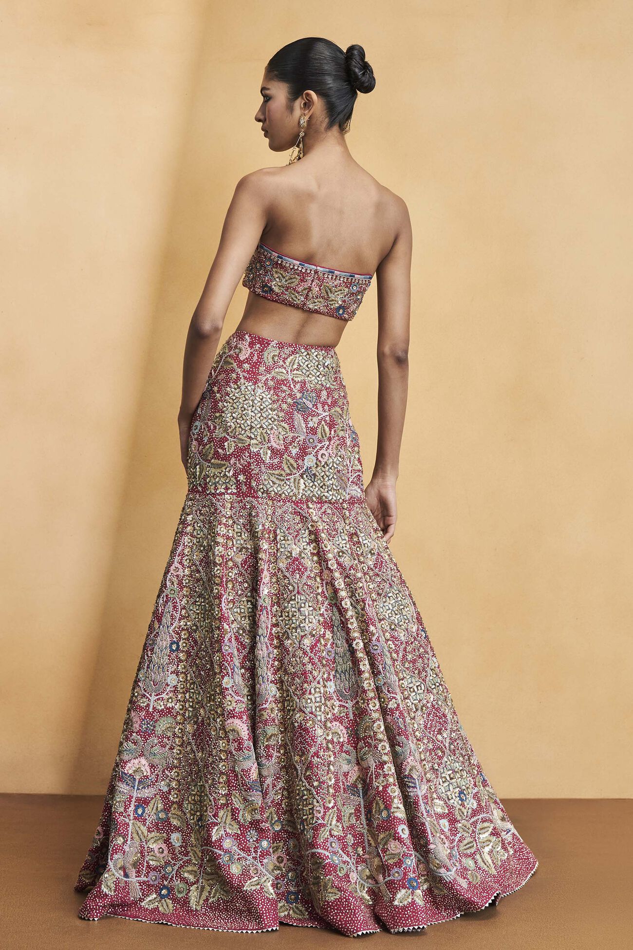 Symphony Of The Wilderness Embroidered Zardozi Silk Fishtail Skirt Set - Wine