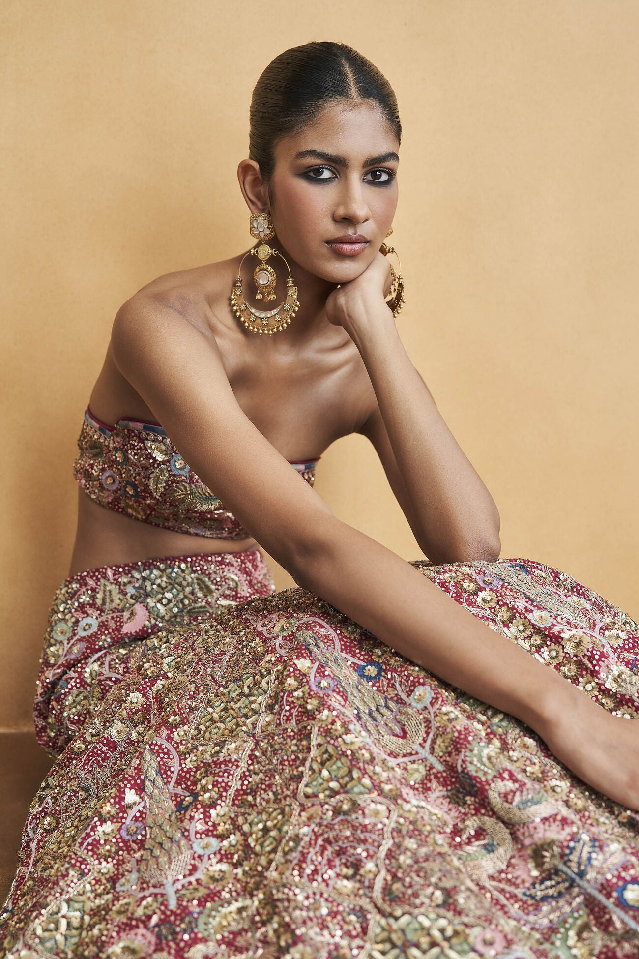 Symphony Of The Wilderness Embroidered Zardozi Silk Fishtail Skirt Set - Wine