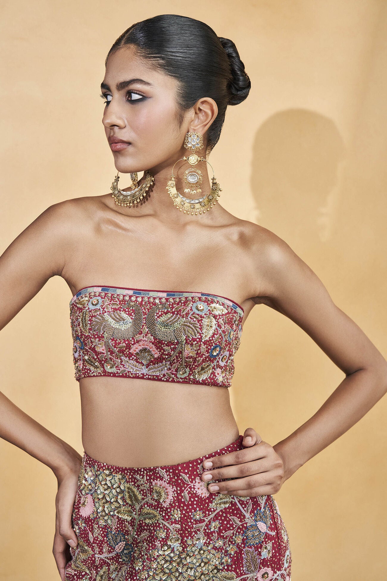 Symphony Of The Wilderness Embroidered Zardozi Silk Fishtail Skirt Set - Wine