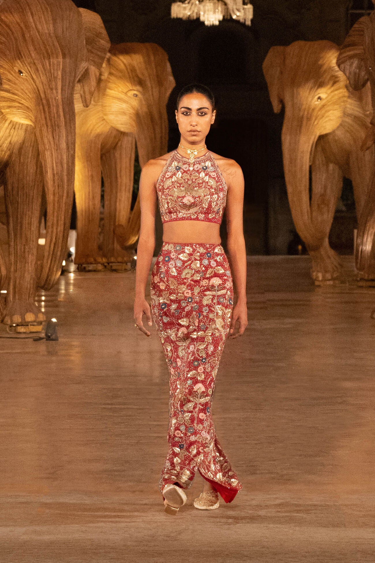 Symphony Of The Wilderness Embroidered Zardozi Silk Skirt Set - Wine