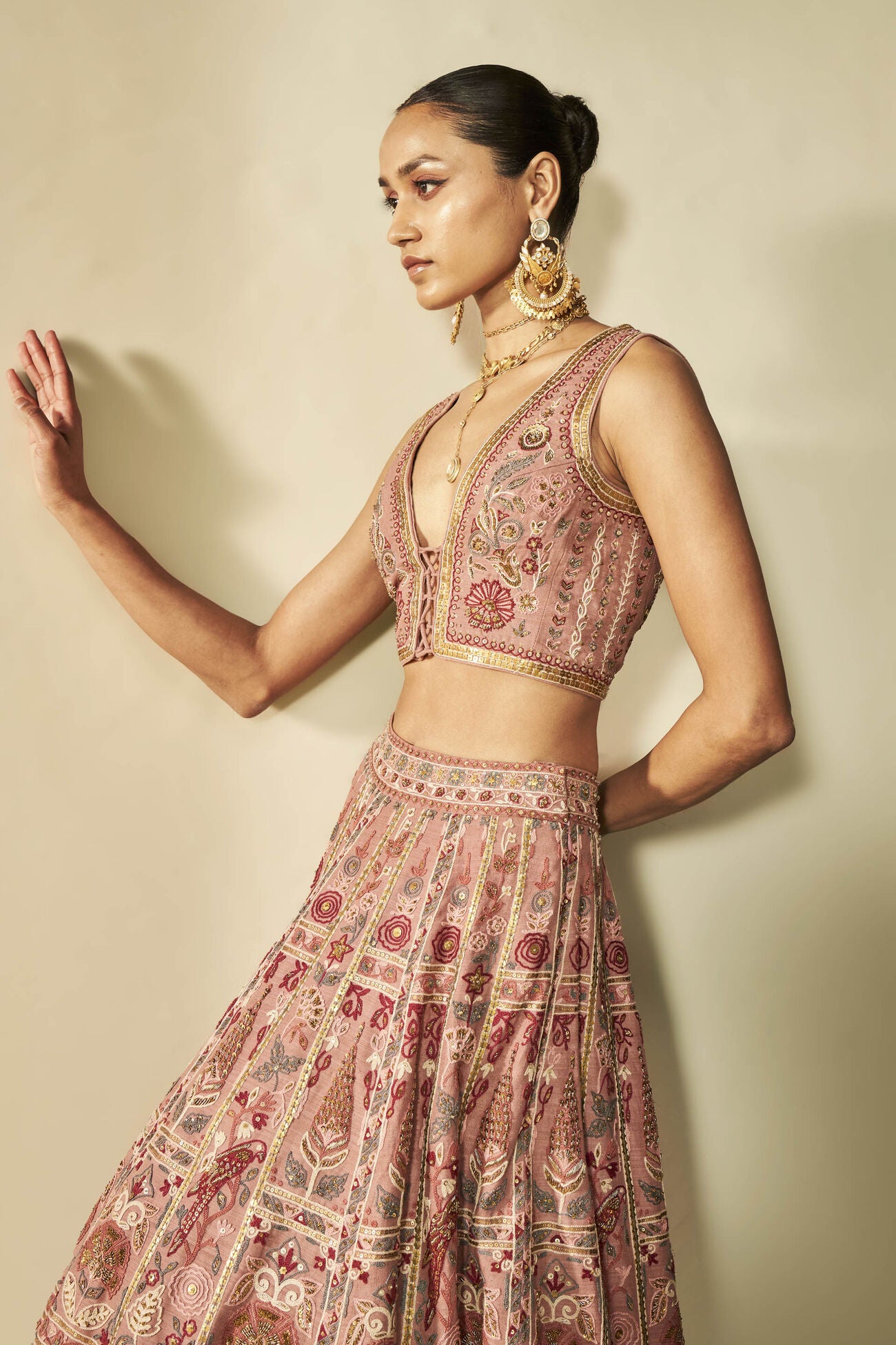 Kaadhal SEWA Hand-embroidered Silk Skirt Set - Old Rose