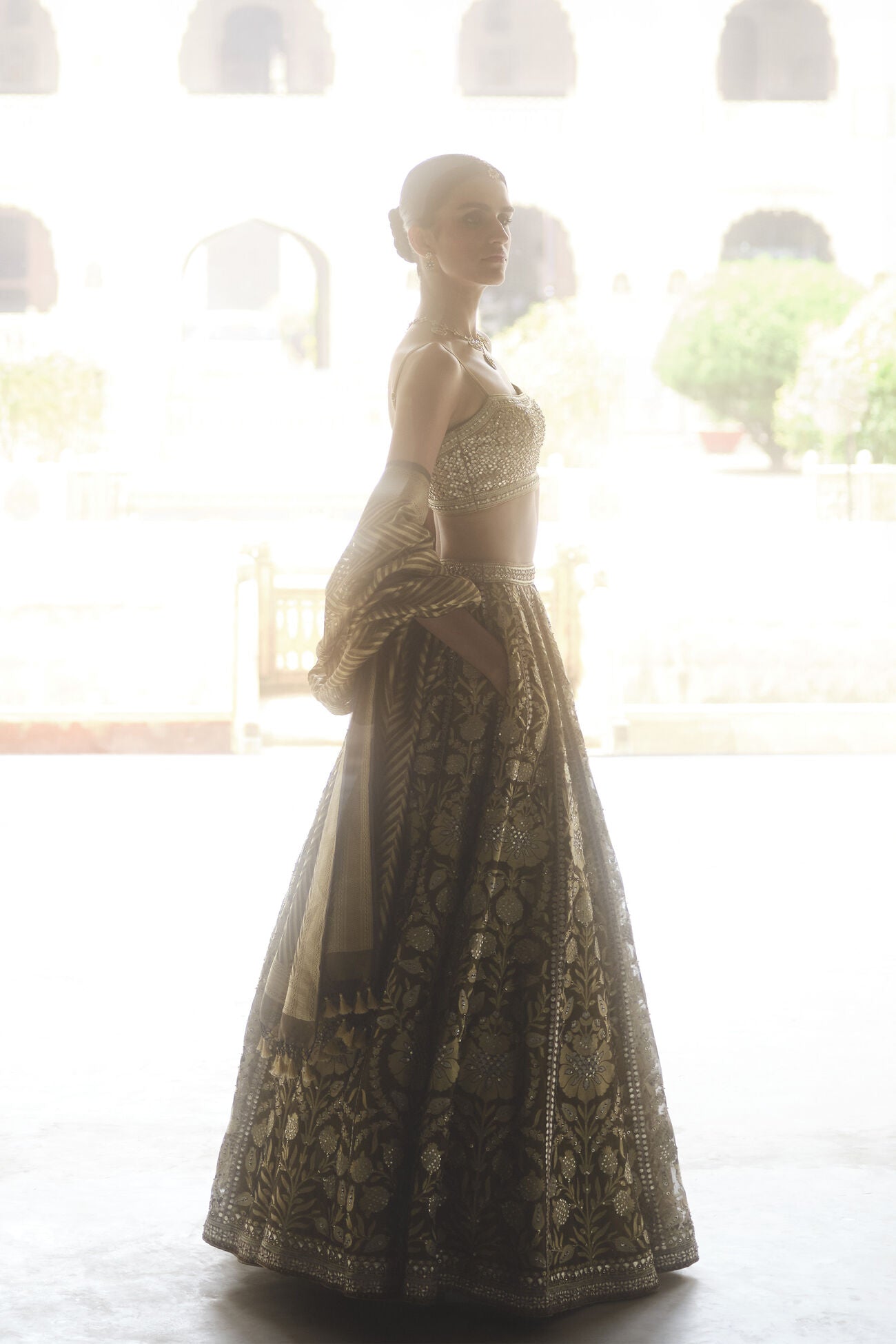 Adveka Handwoven Benarasi Silk Lehenga Set - Olive