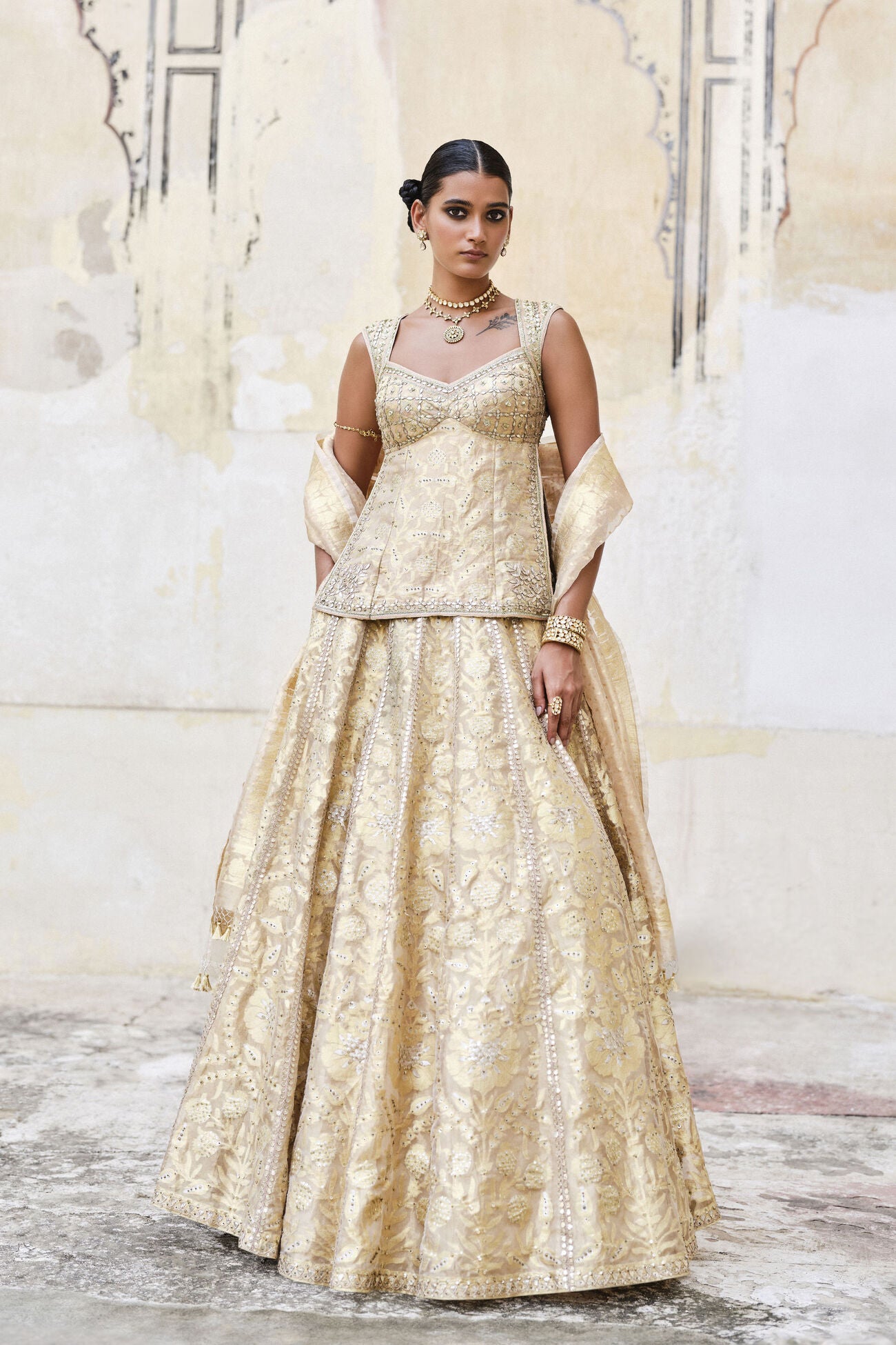 Ramsha Handwoven Benarasi Silk Lehenga Set - Gold