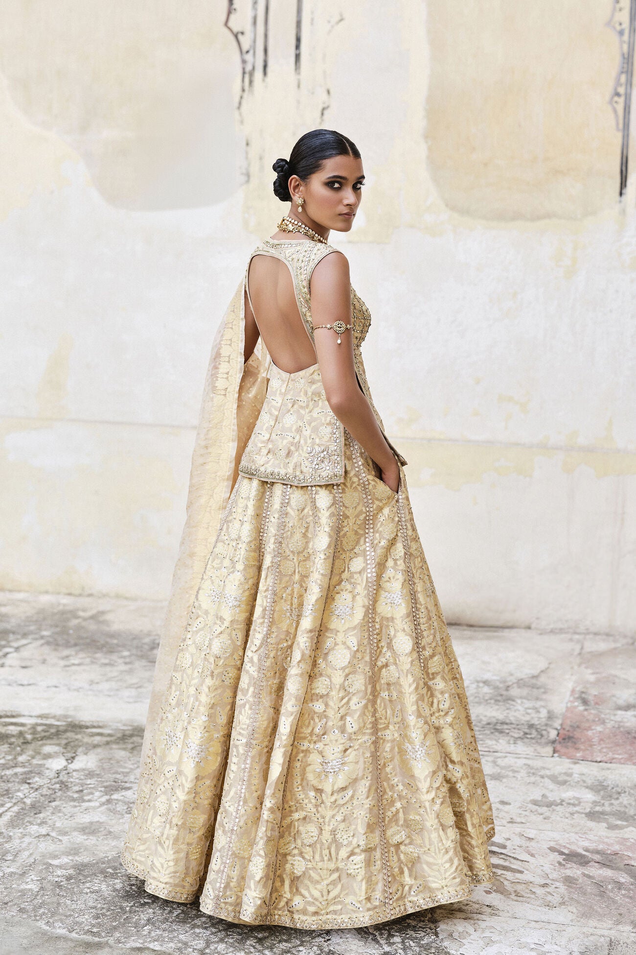 Ramsha Handwoven Benarasi Silk Lehenga Set - Gold