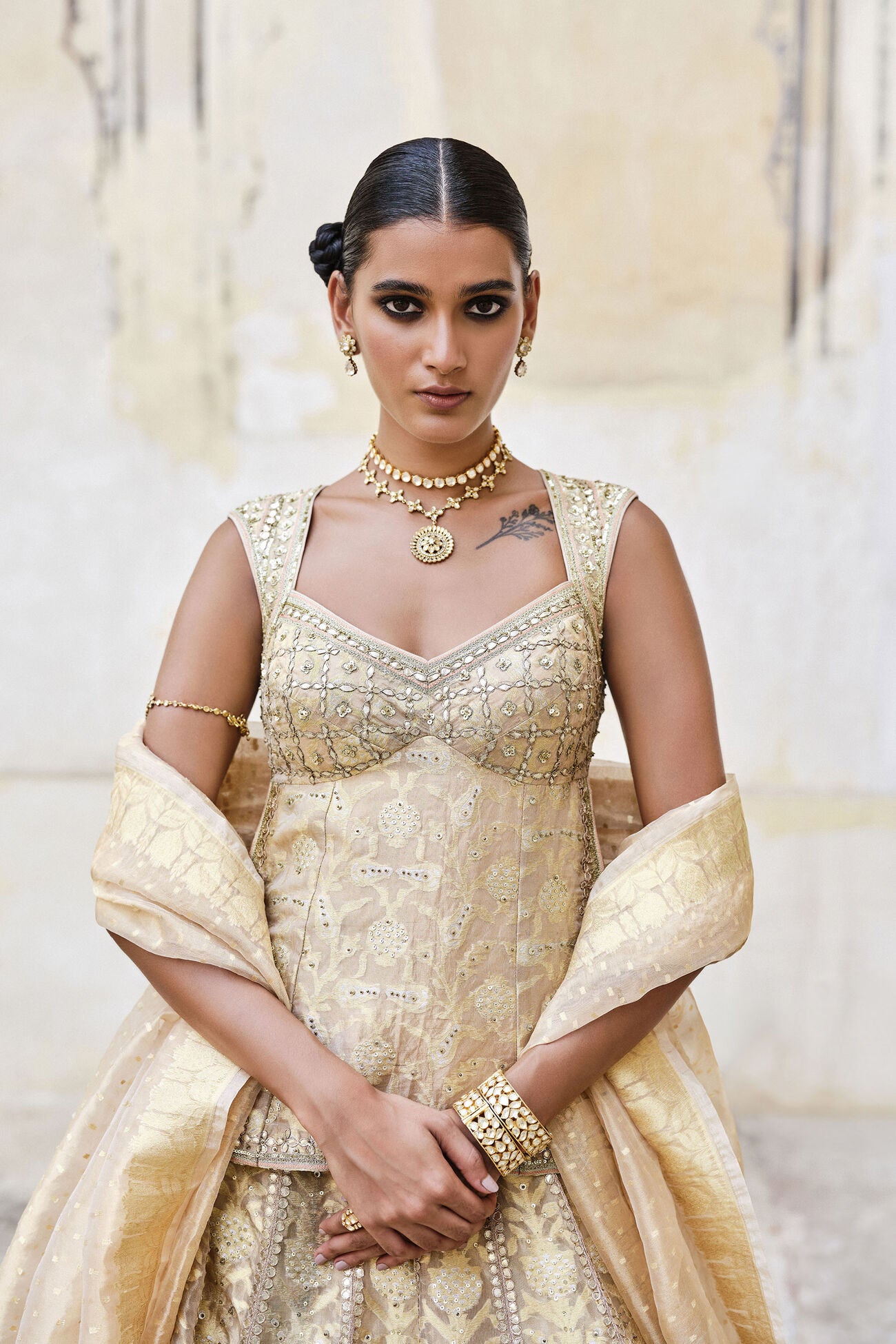 Ramsha Handwoven Benarasi Silk Lehenga Set - Gold