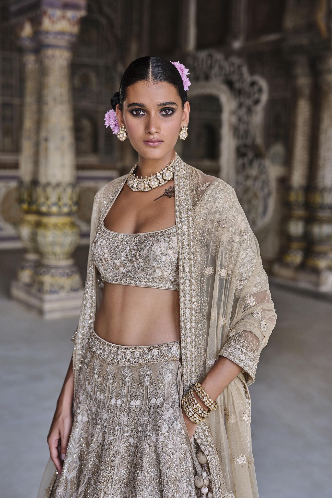 Arisa Embroidered Silk Lehenga Set - Gold