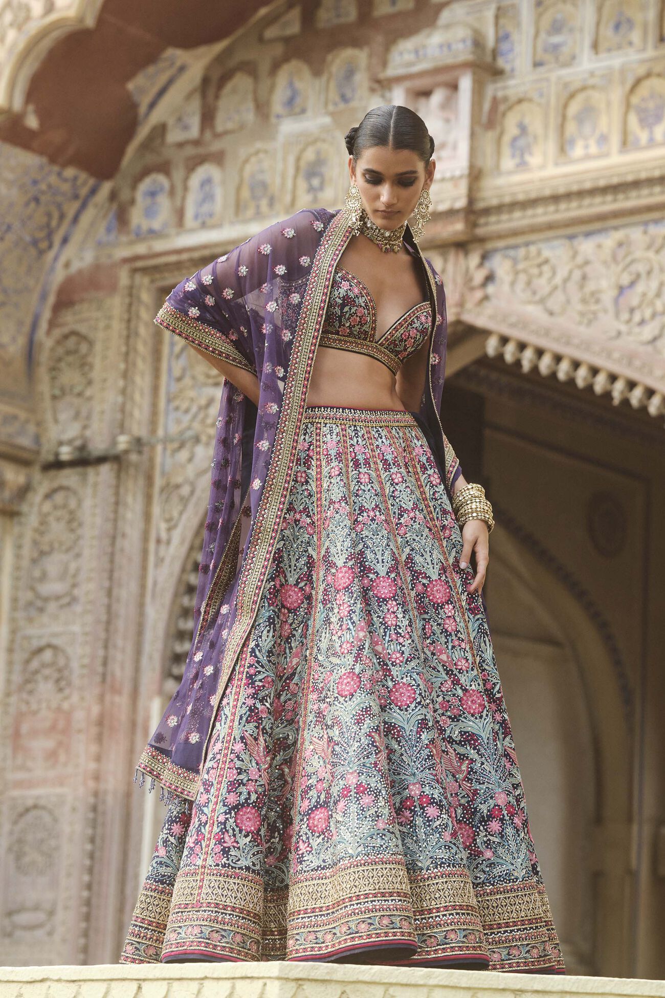 Toyam Embroidered Zardozi Silk Lehenga Set - Blue
