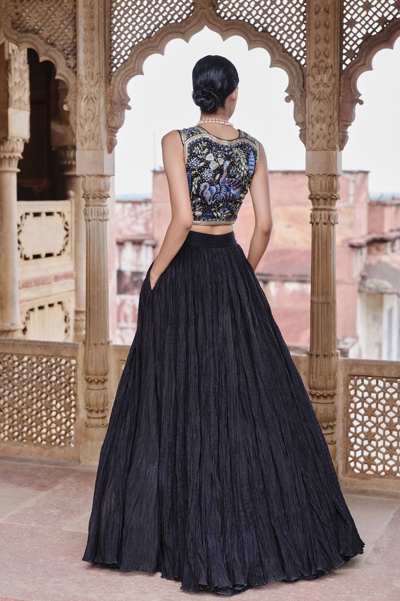 Shirina Embroidered Mul Skirt Set - Black