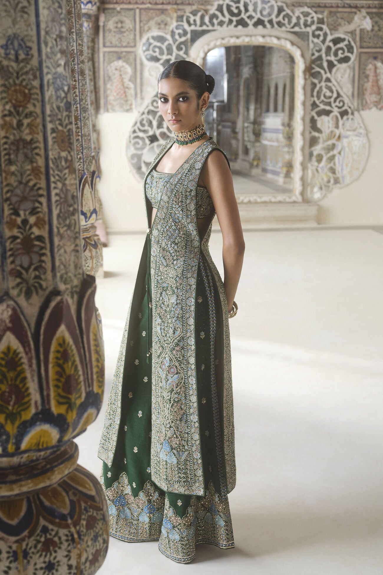 Alatakshi Embroidered Zardozi Tabard Set - Green