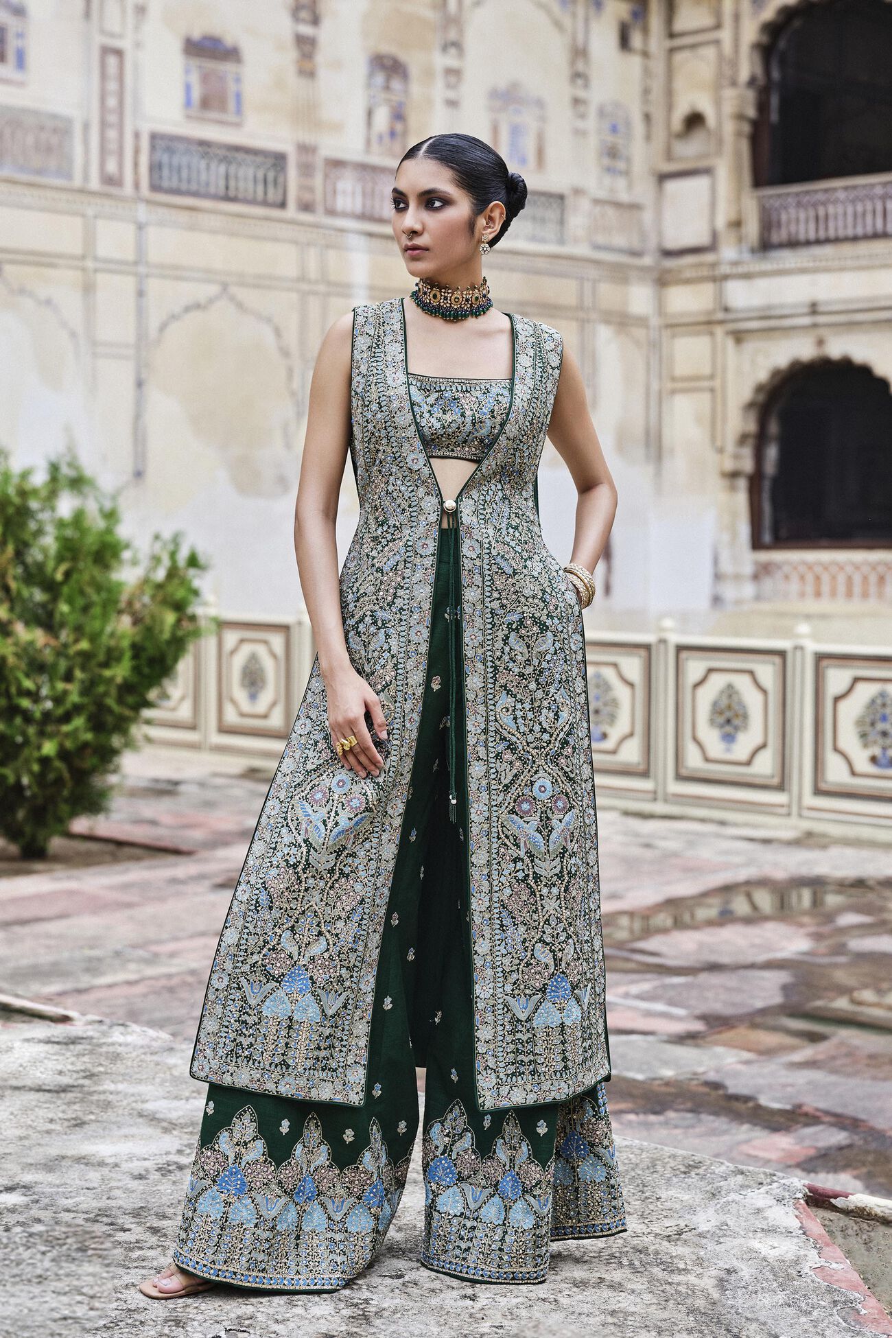 Alatakshi Embroidered Zardozi Tabard Set - Green