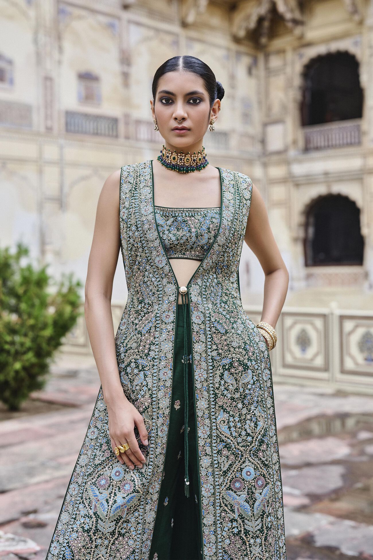 Alatakshi Embroidered Zardozi Tabard Set - Green