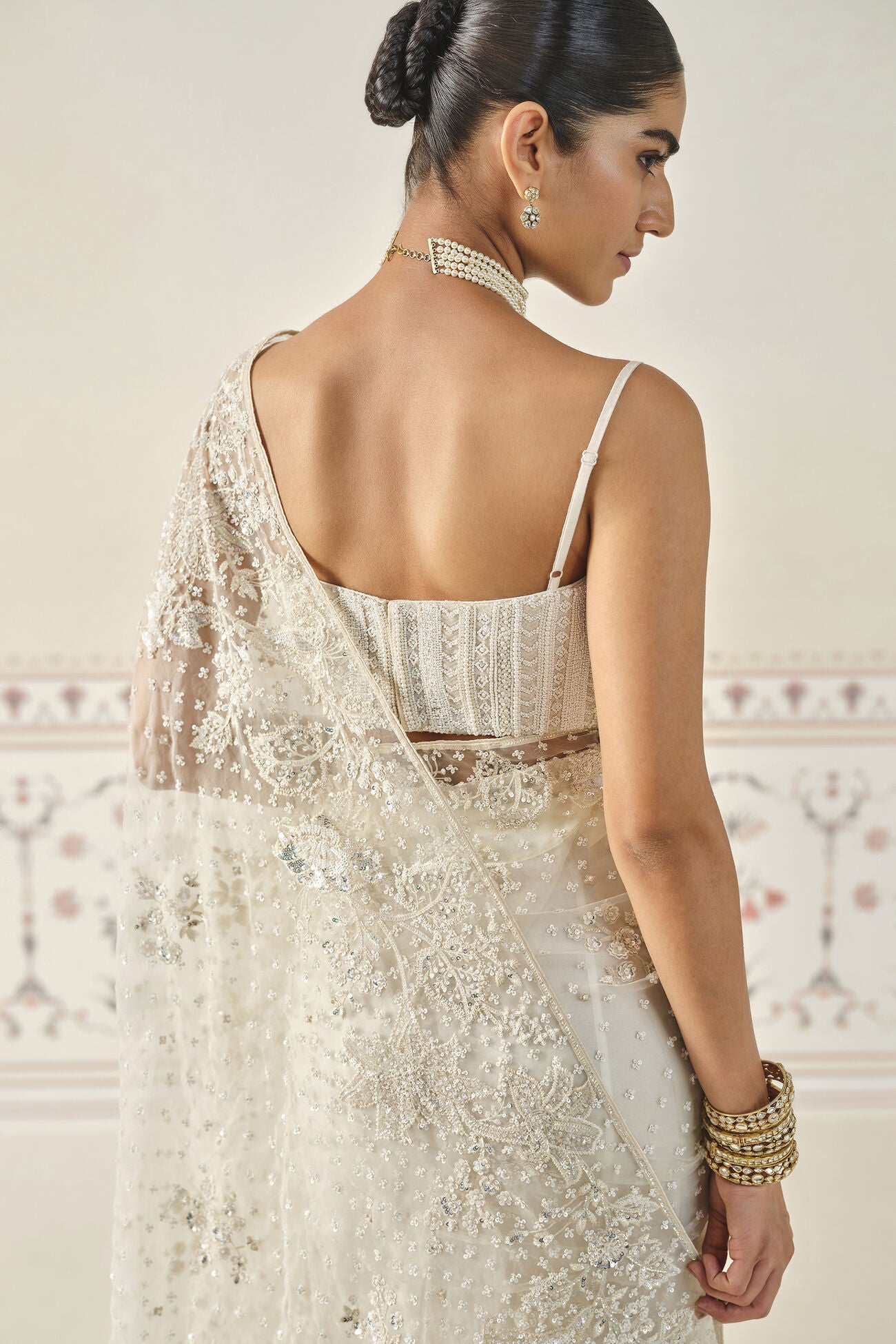 Bhama Embroidered Saree Set - Ivory