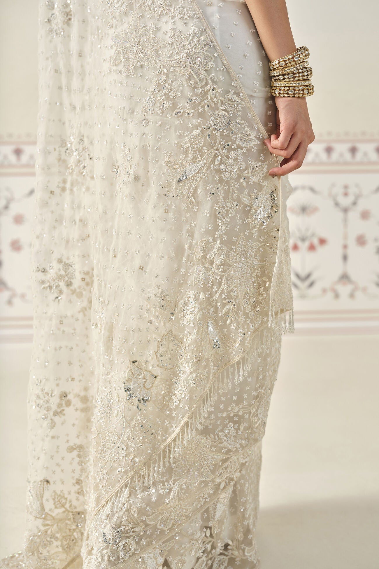 Bhama Embroidered Saree Set - Ivory