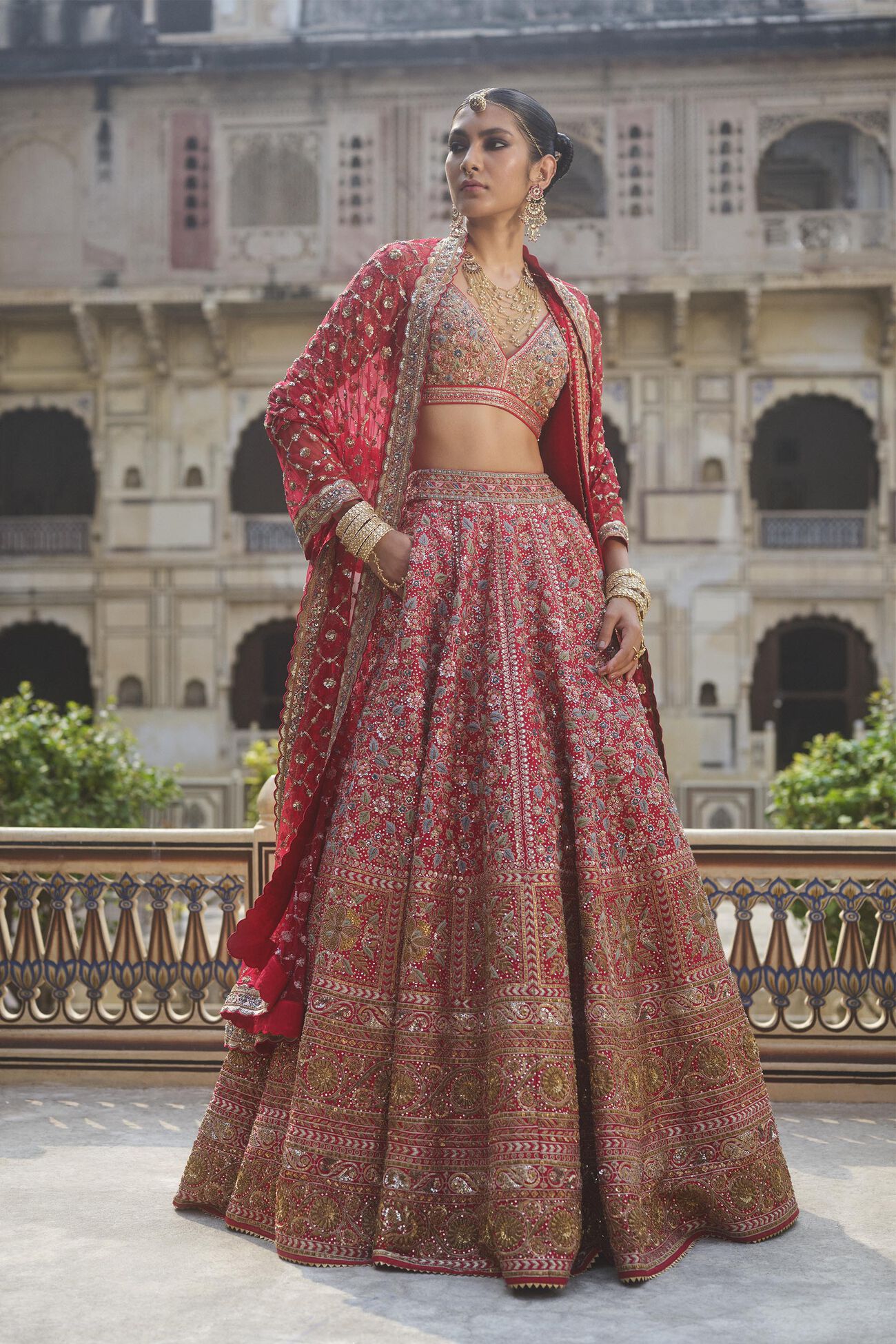 Adhyavi Embroidered Zardozi Silk Lehenga Set - Red