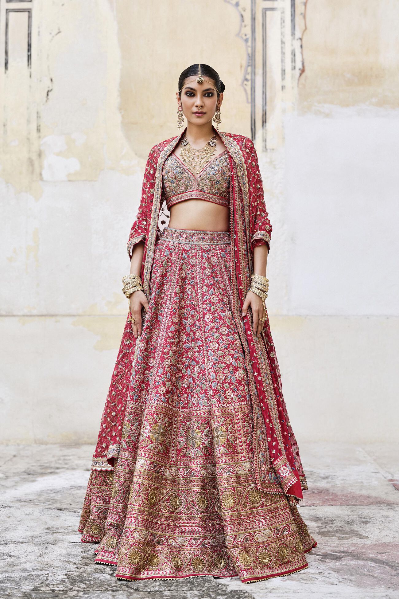 Adhyavi Embroidered Zardozi Silk Lehenga Set - Red