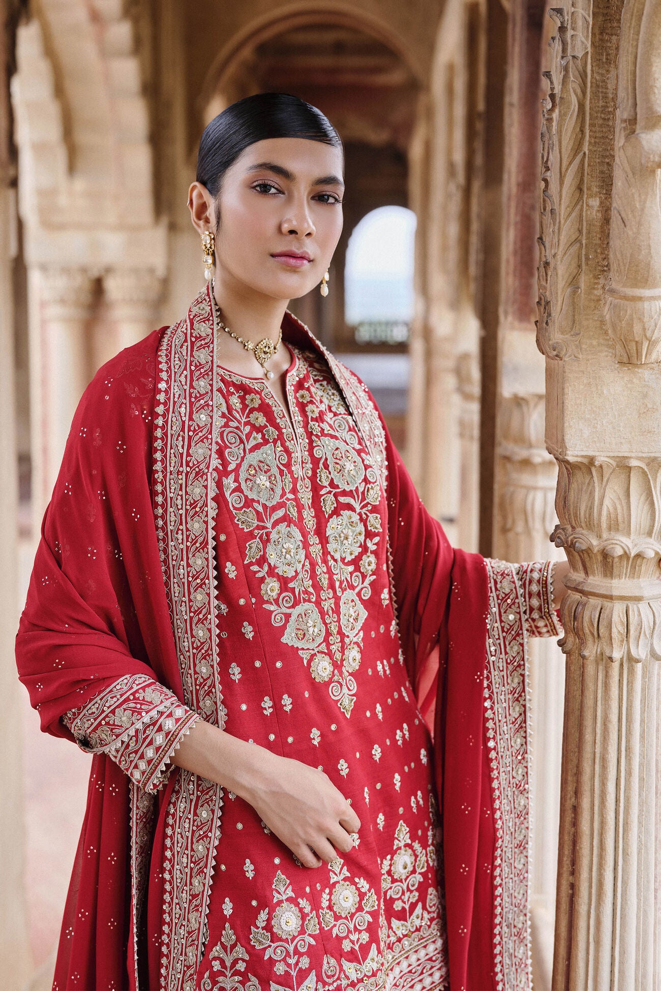Maalavi Embroidered Cord Silk Suit Set - Red