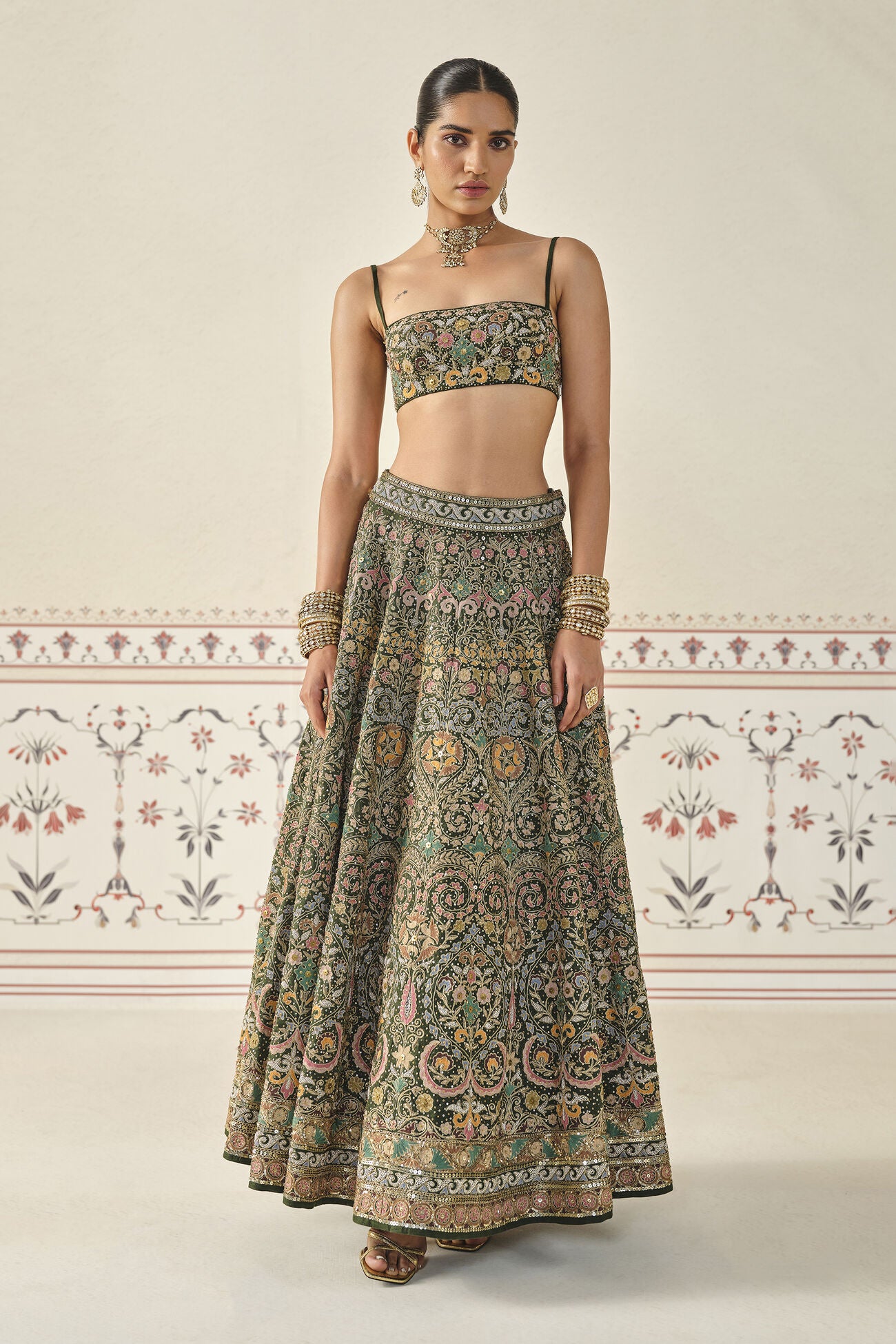Yiska Embroidered Silk Lehenga Set - Green