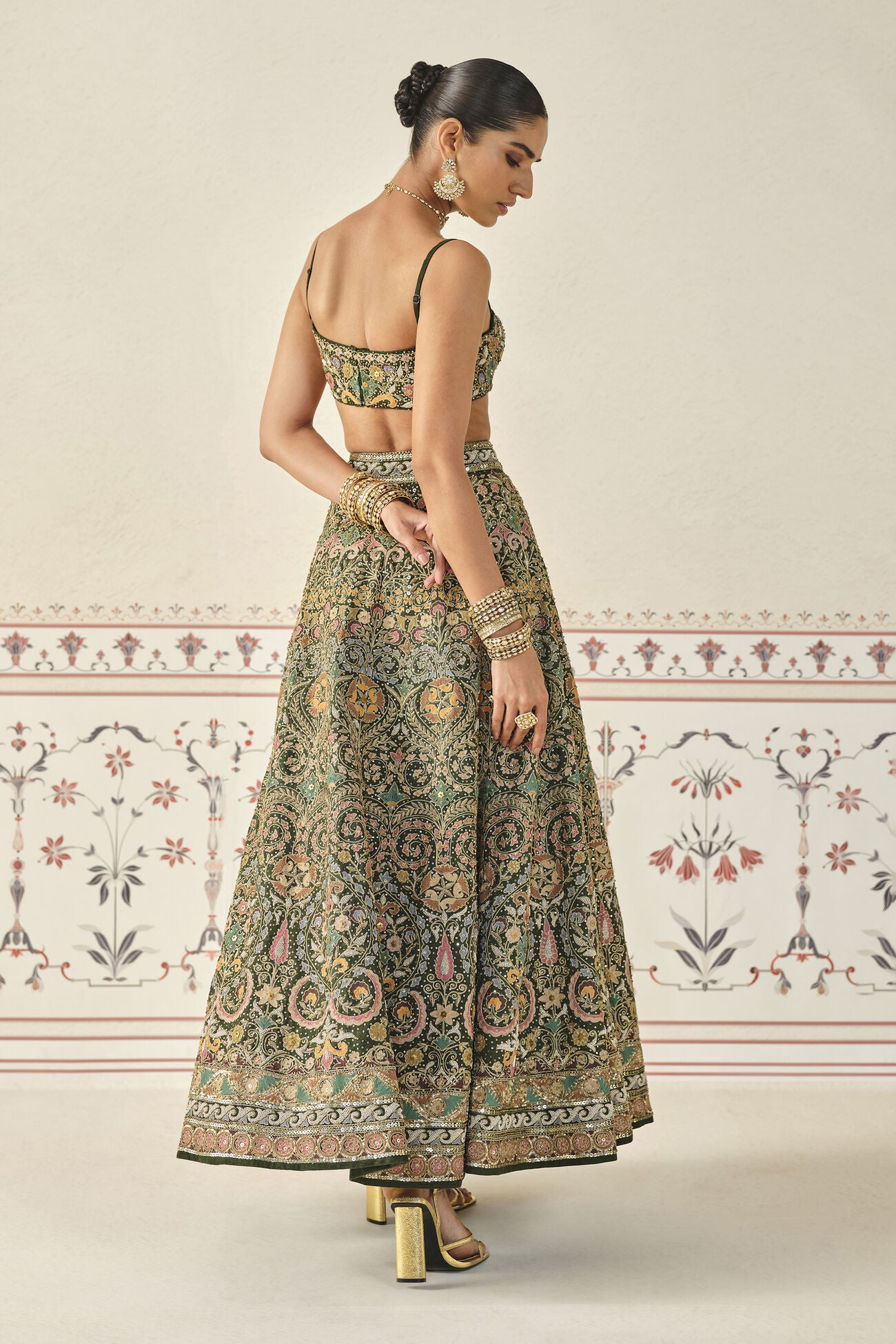 Yiska Embroidered Silk Lehenga Set - Green